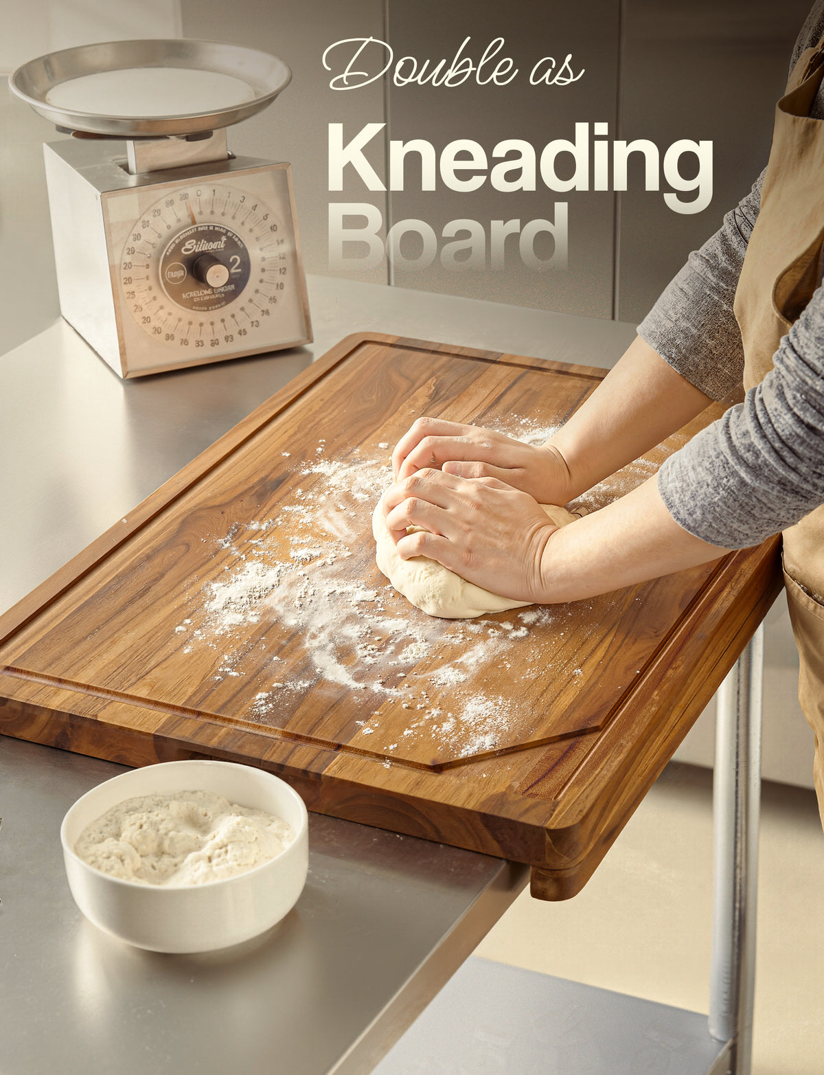 Teak Wood Cutting Board with Lip, 24” x 18”, Handles, Easy Assemble-thumbmail-6