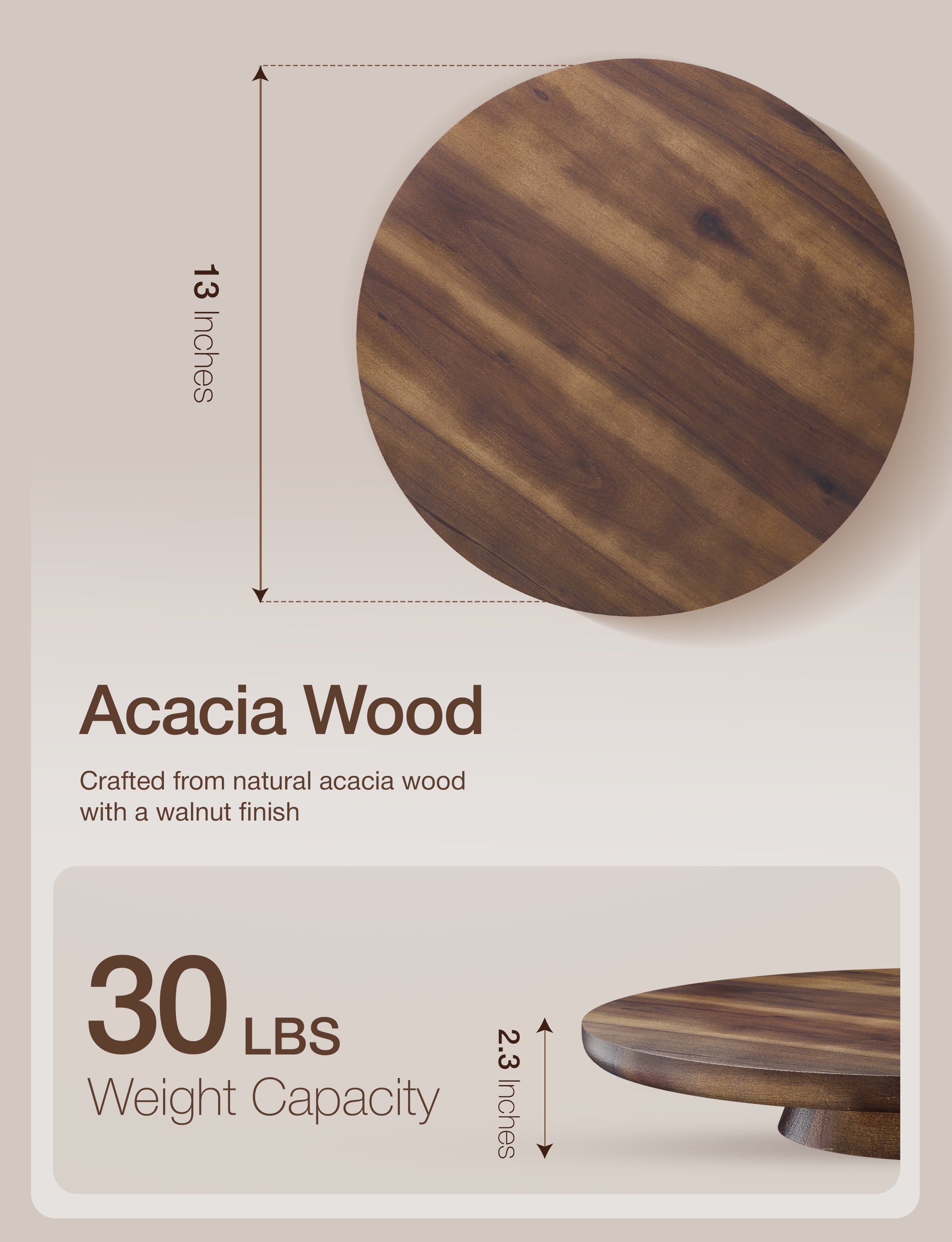 13" Acacia Cake Stand Rotating with Non-slip Pads (Walnut color)-thumbmail-3