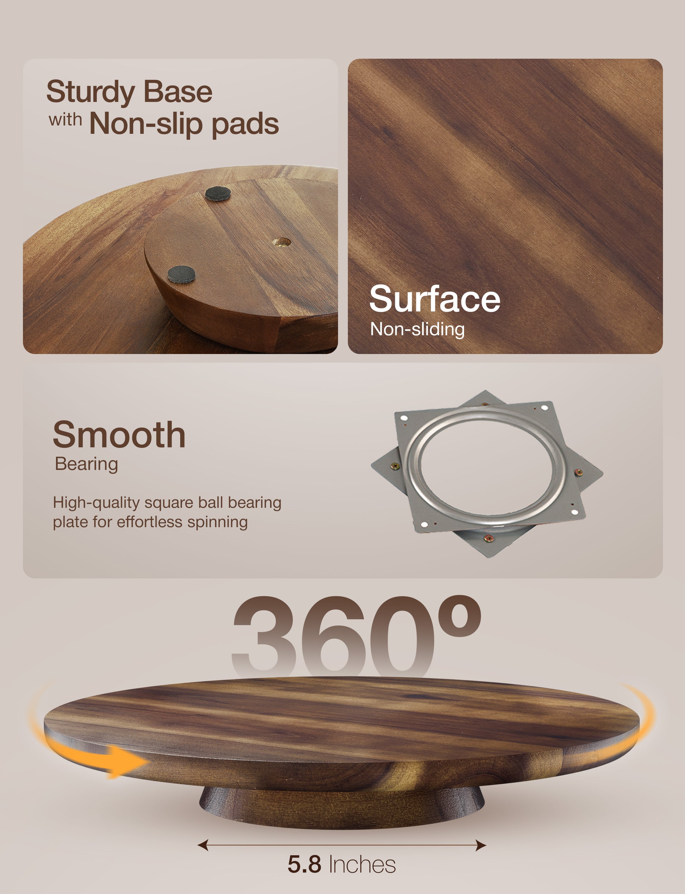 13" Acacia Cake Stand Rotating with Non-slip Pads (Walnut color)-thumbmail-4