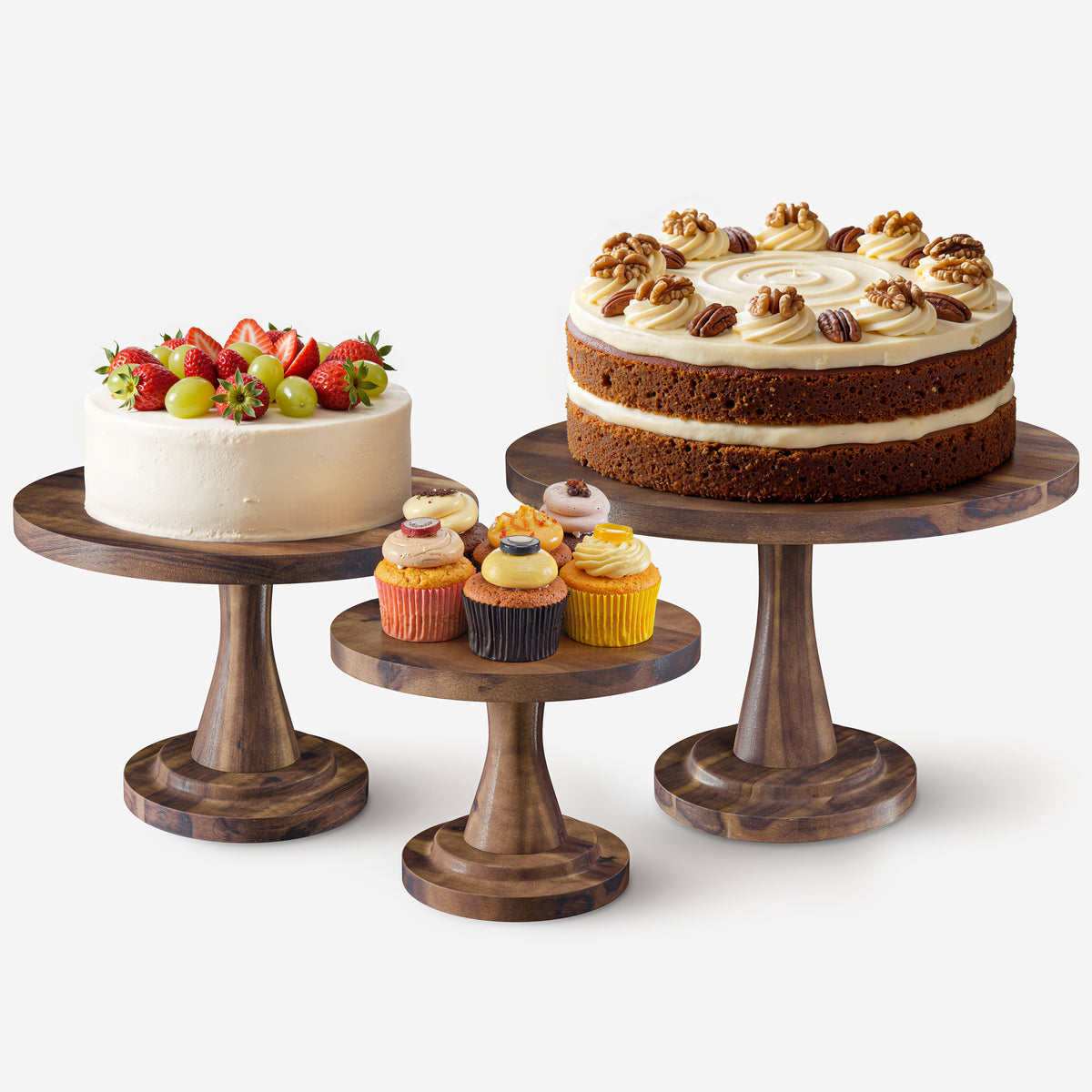 Set of 3 Size Wood Cake Stand Set, Easy To Assemble (Walnut color)-thumbmail-1