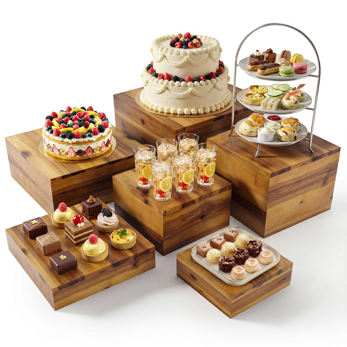6PCS Wooden Buffet Riser and Stands with Hollow Bottom, No Assembly