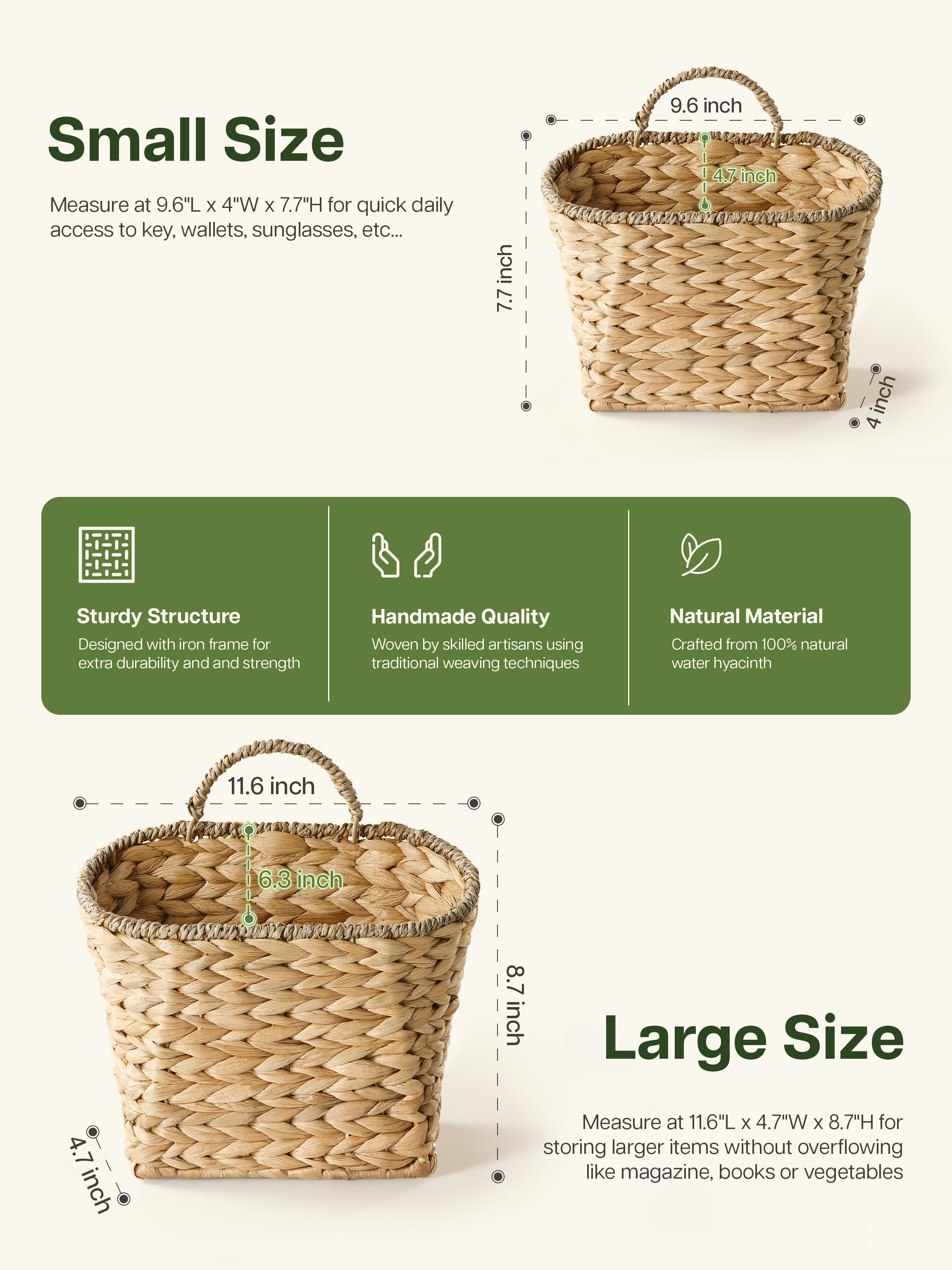 Set of 2 Wicker Wall Baskets, Woven Hanging Basket, Large Capacity-thumbmail-2