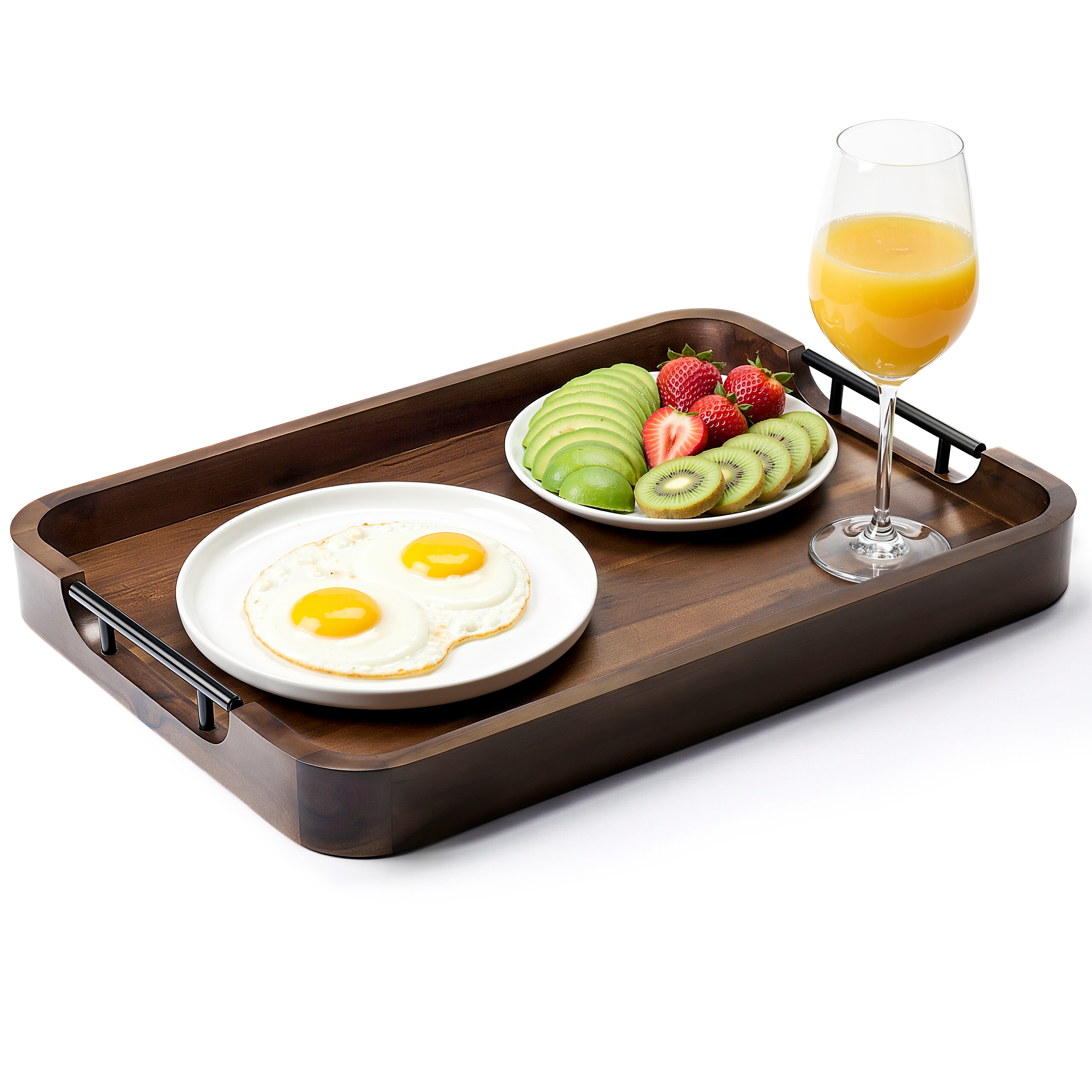 20"x14" Wooden Large Serving Tray, Walnut color, Metal Handles-thumbmail-1