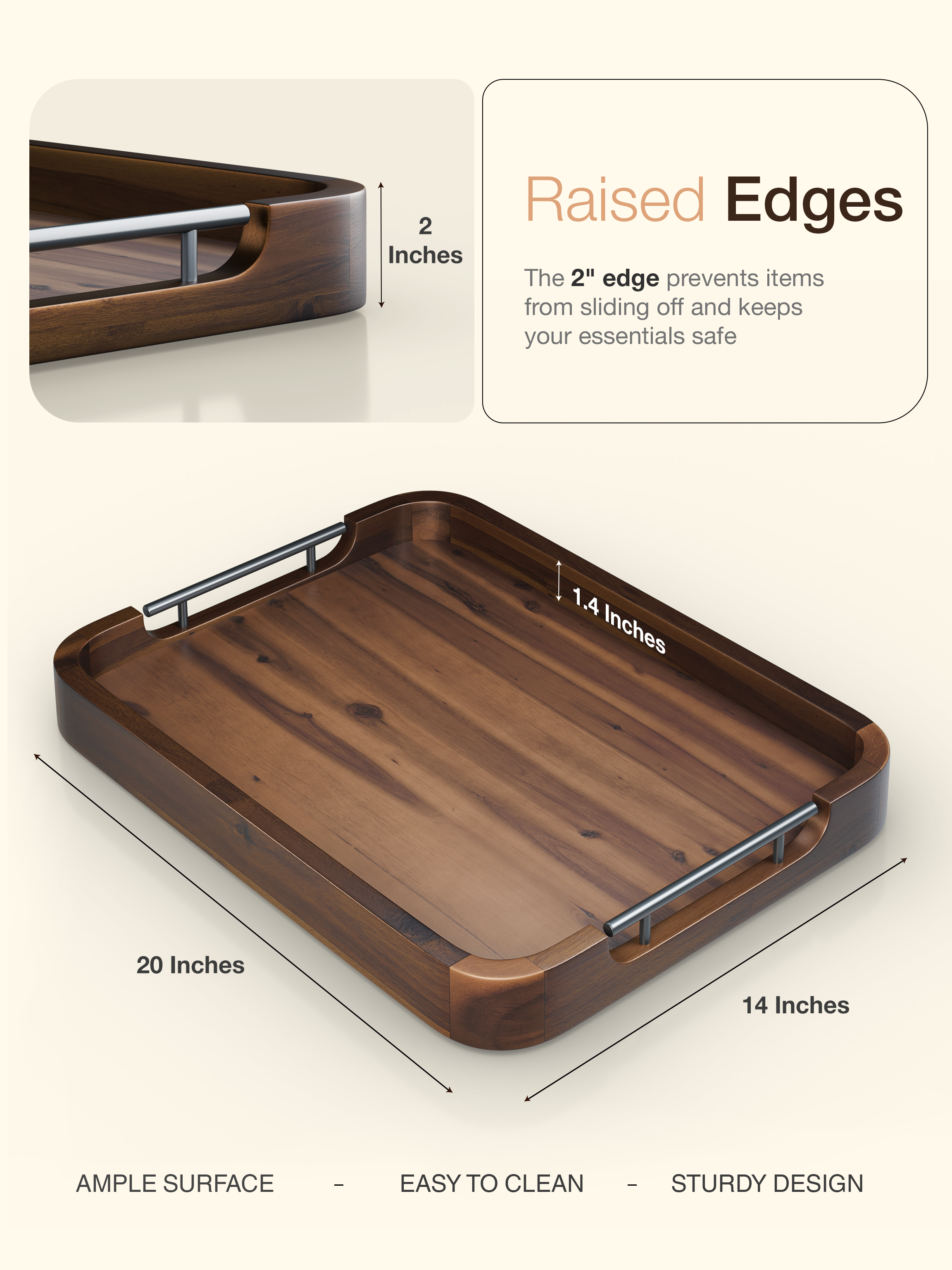 20"x14" Wooden Large Serving Tray, Walnut color, Metal Handles-thumbmail-6