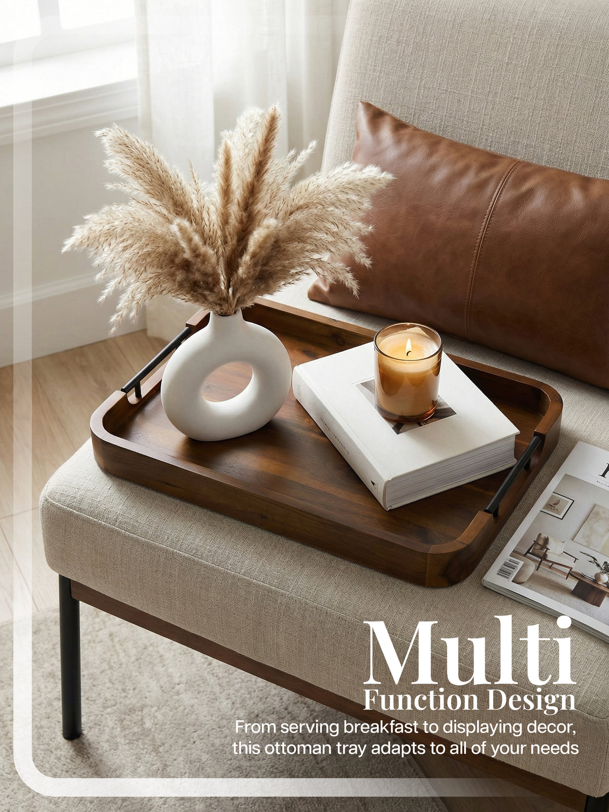 20"x14" Wooden Large Serving Tray, Walnut color, Metal Handles-thumbmail-8