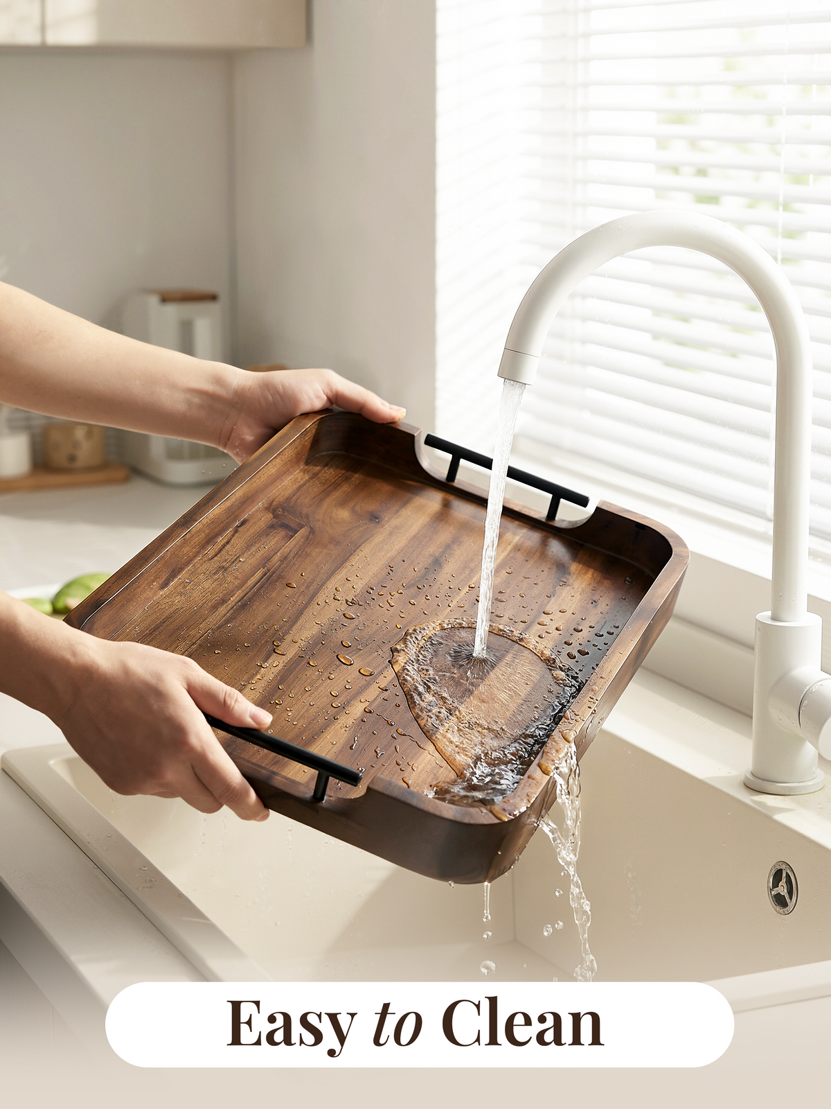 20"x14" Wooden Large Serving Tray, Walnut color, Metal Handles-thumbmail-4