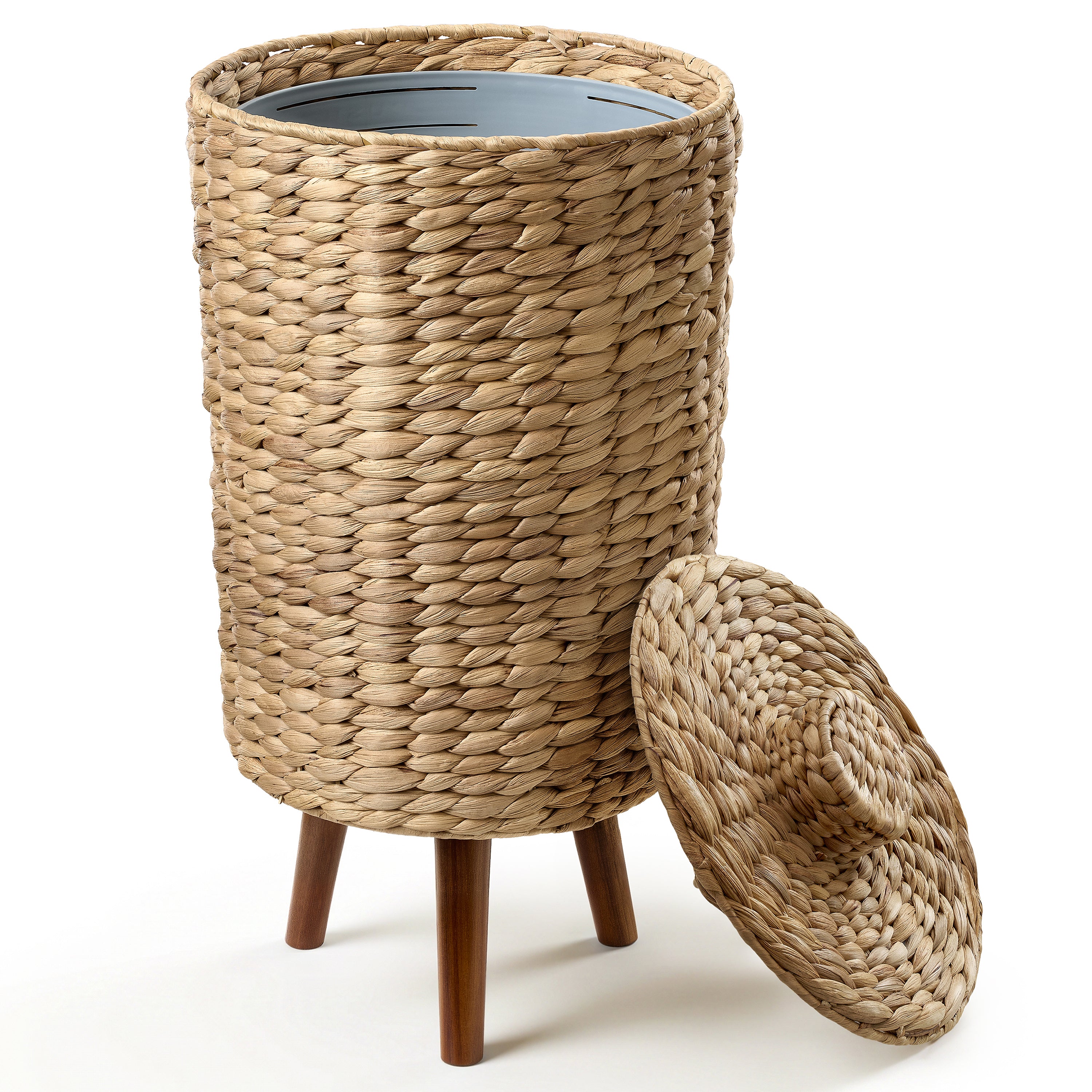 3-Gallon Wicker Trash Can with Lid, Wooden Legs, Removable Liner-thumbmail-1
