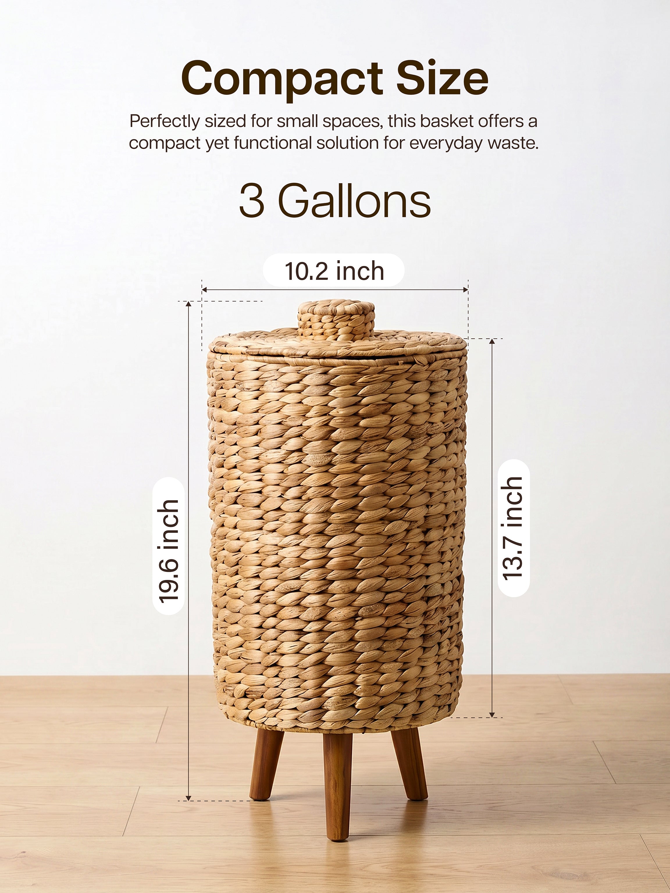 3-Gallon Wicker Trash Can with Lid, Wooden Legs, Removable Liner-thumbmail-3