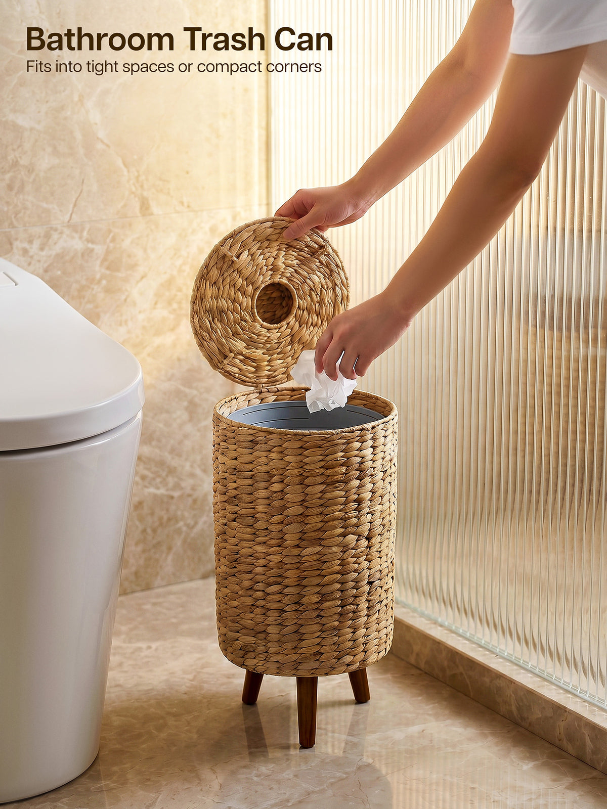 3-Gallon Wicker Trash Can with Lid, Wooden Legs, Removable Liner-thumbmail-5