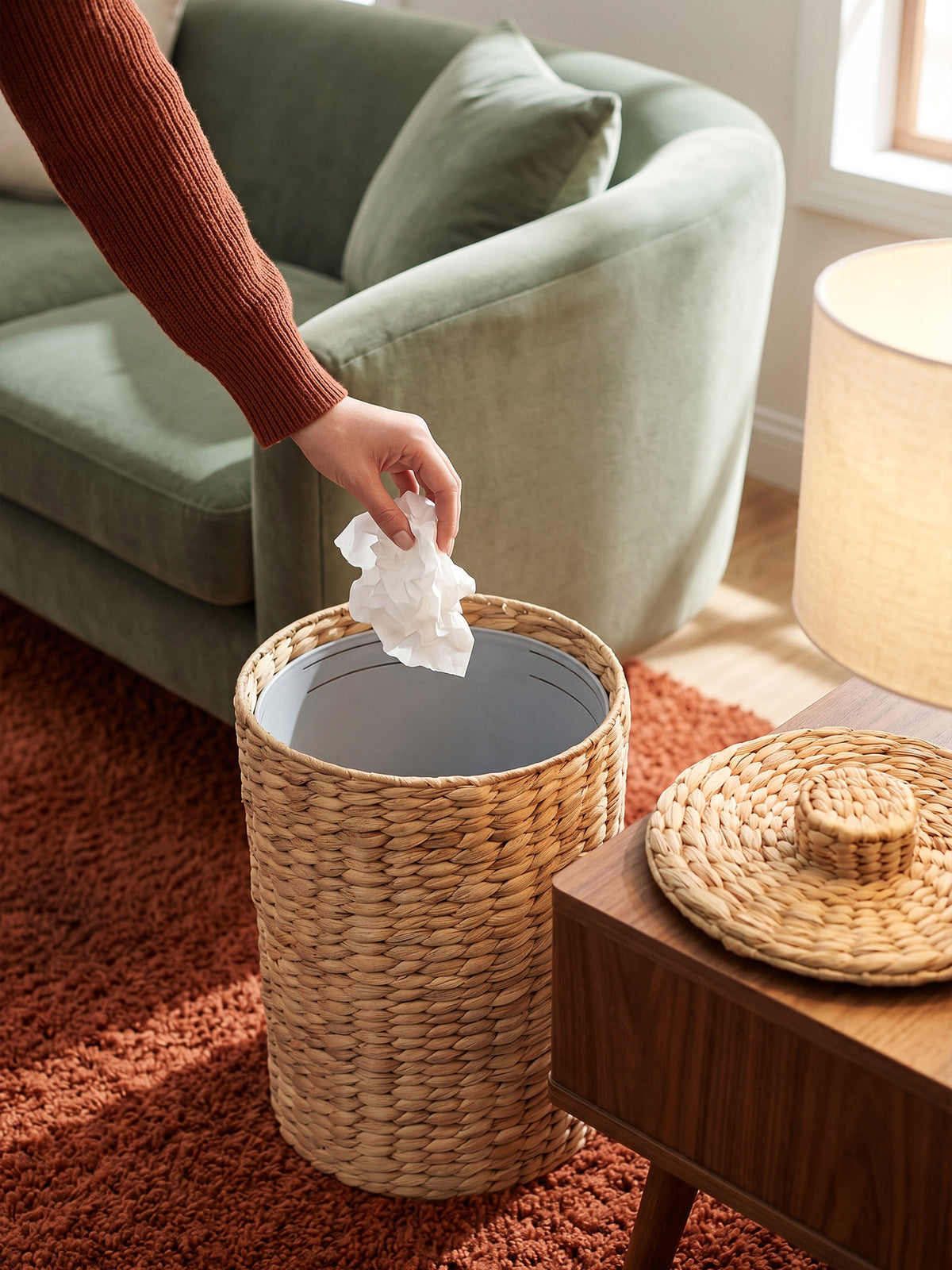 3-Gallon Wicker Trash Can with Lid, Wooden Legs, Removable Liner-thumbmail-8