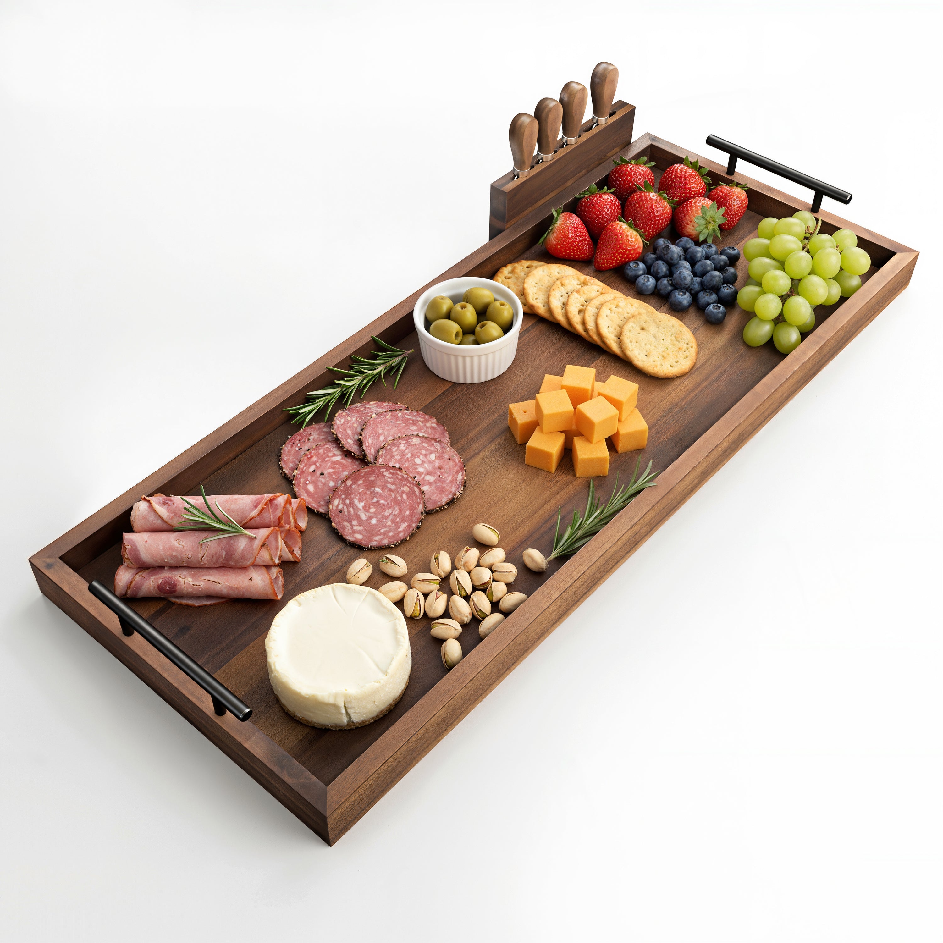 30" Acacia Large Charcuterie Boards for Party, Handles, Walnut color-thumbmail-1
