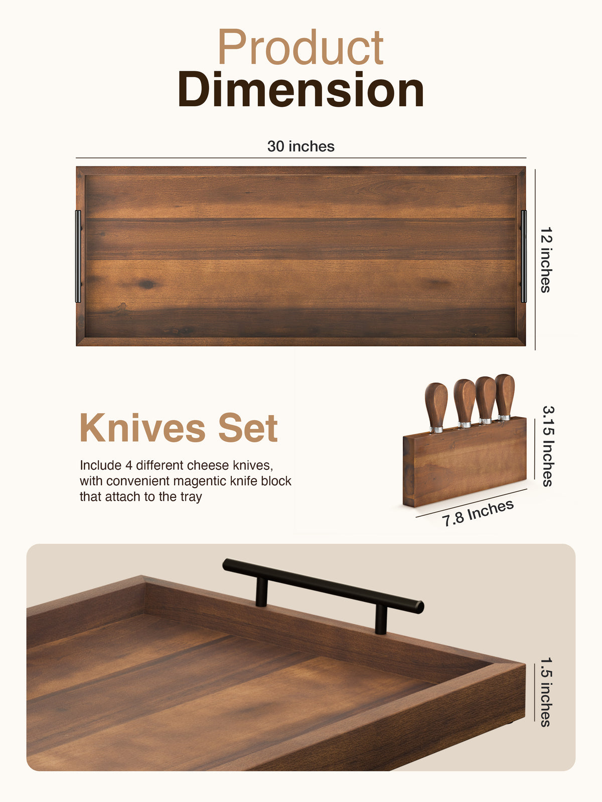 30" Acacia Large Charcuterie Boards for Party, Handles, Walnut color-thumbmail-3