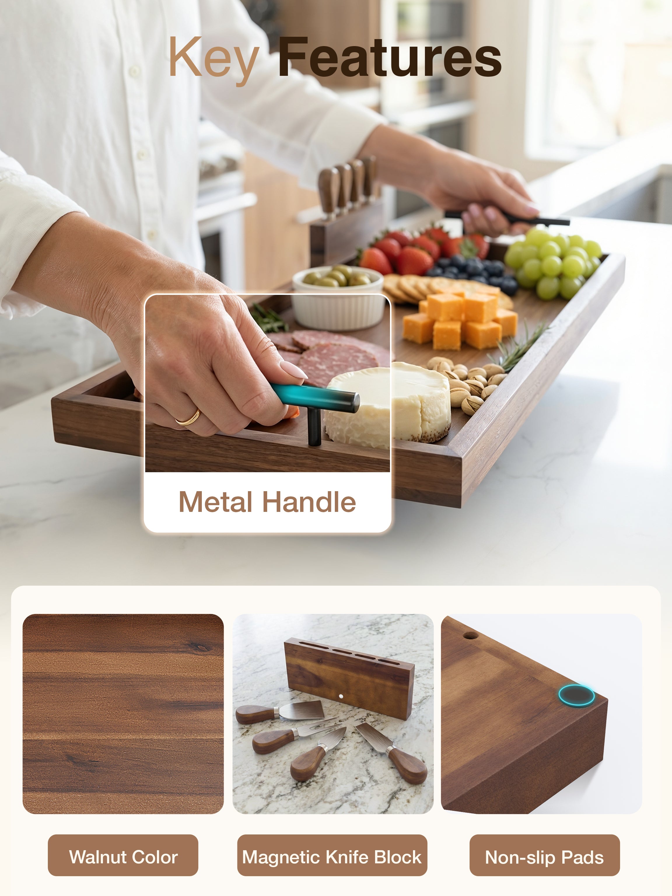 30" Acacia Large Charcuterie Boards for Party, Handles, Walnut color-thumbmail-4