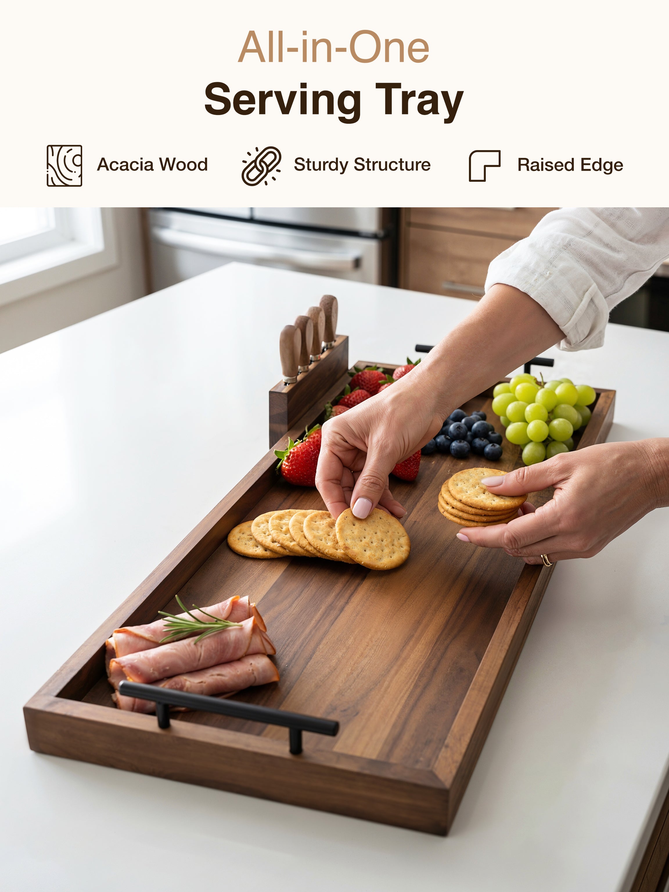 30" Acacia Large Charcuterie Boards for Party, Handles, Walnut color-thumbmail-5