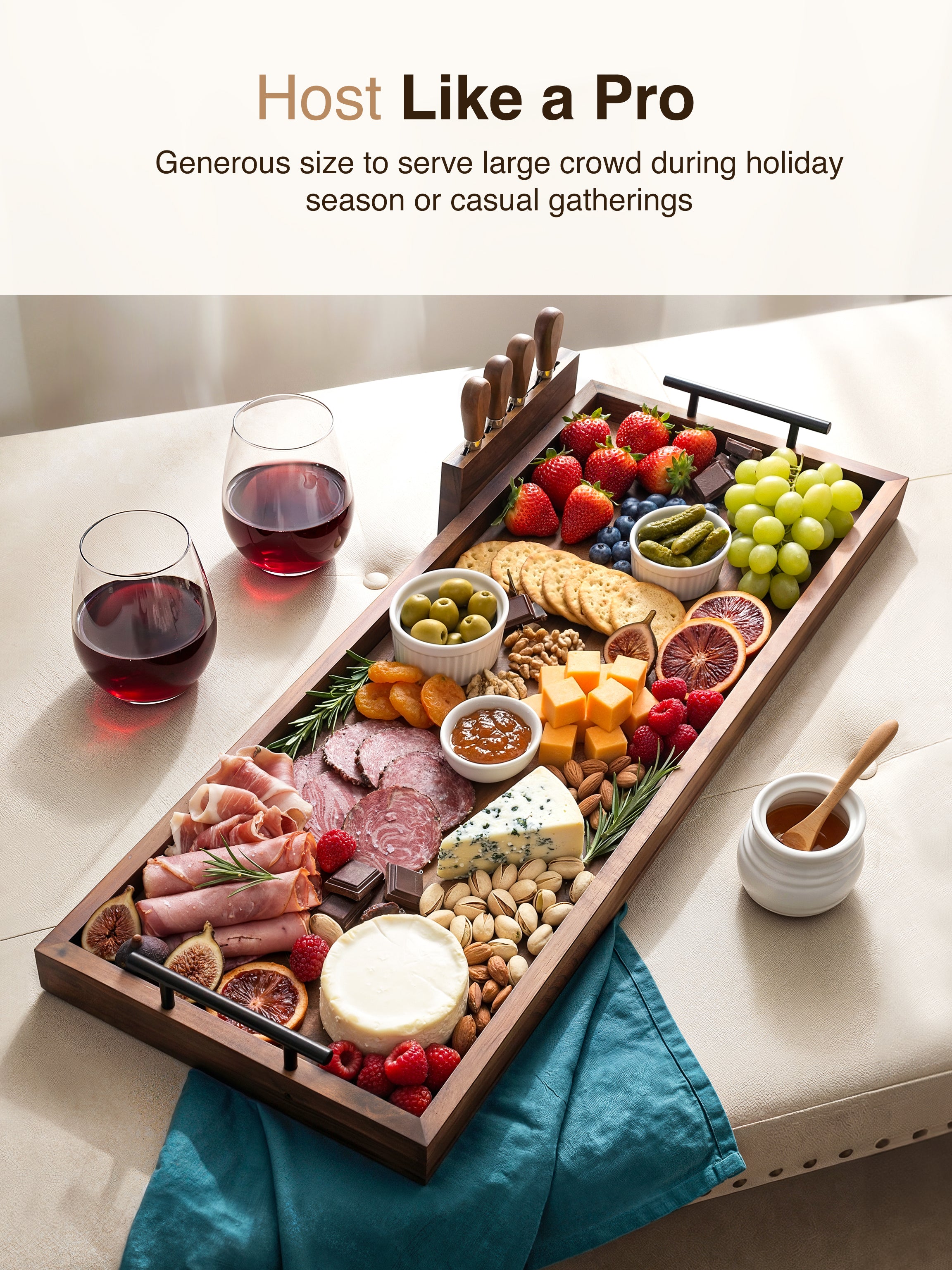 30" Acacia Large Charcuterie Boards for Party, Handles, Walnut color-thumbmail-6