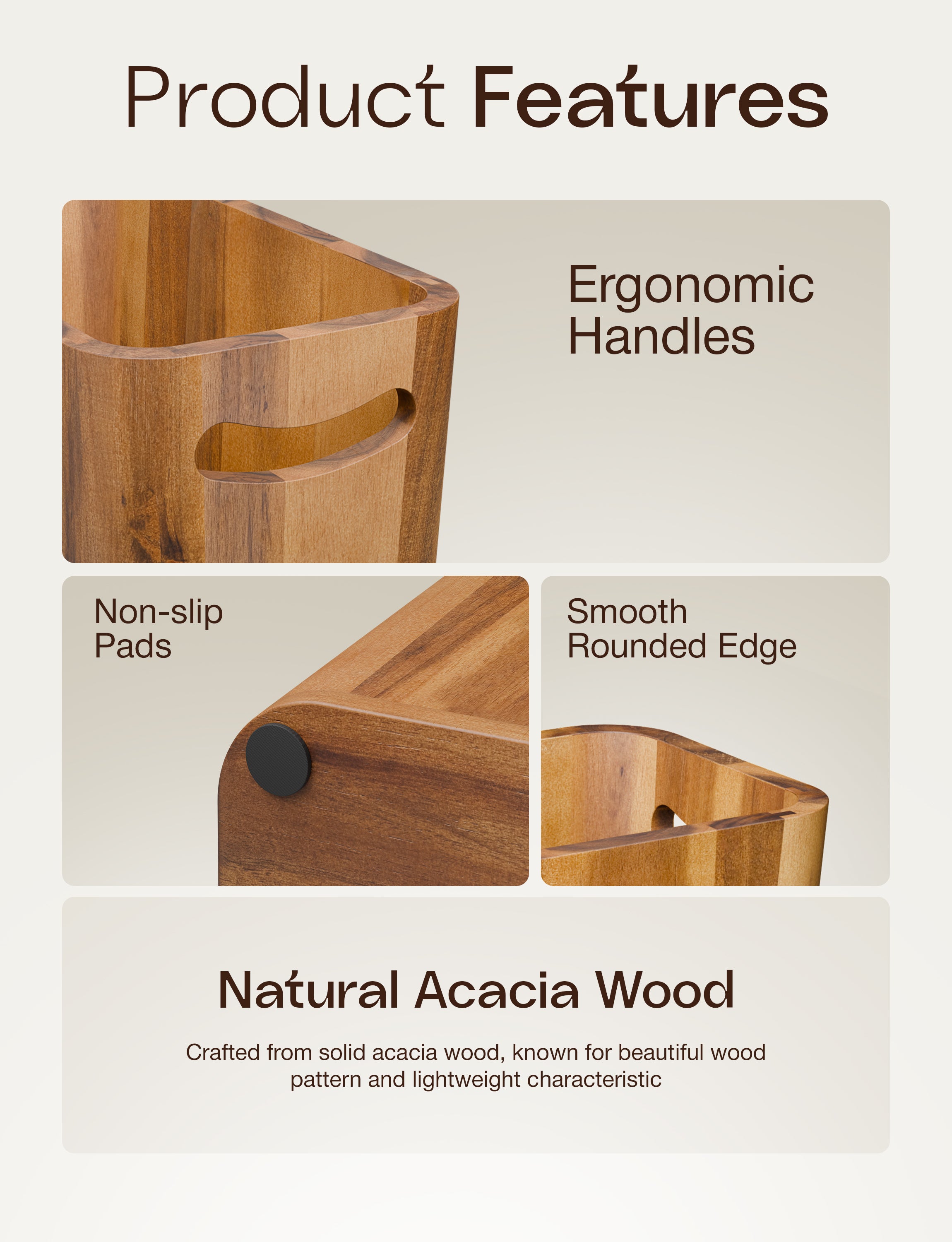Acacia Wood Waste Basket with Handle, 3 Gallon for Bathroom, Bedroom-thumbmail-4