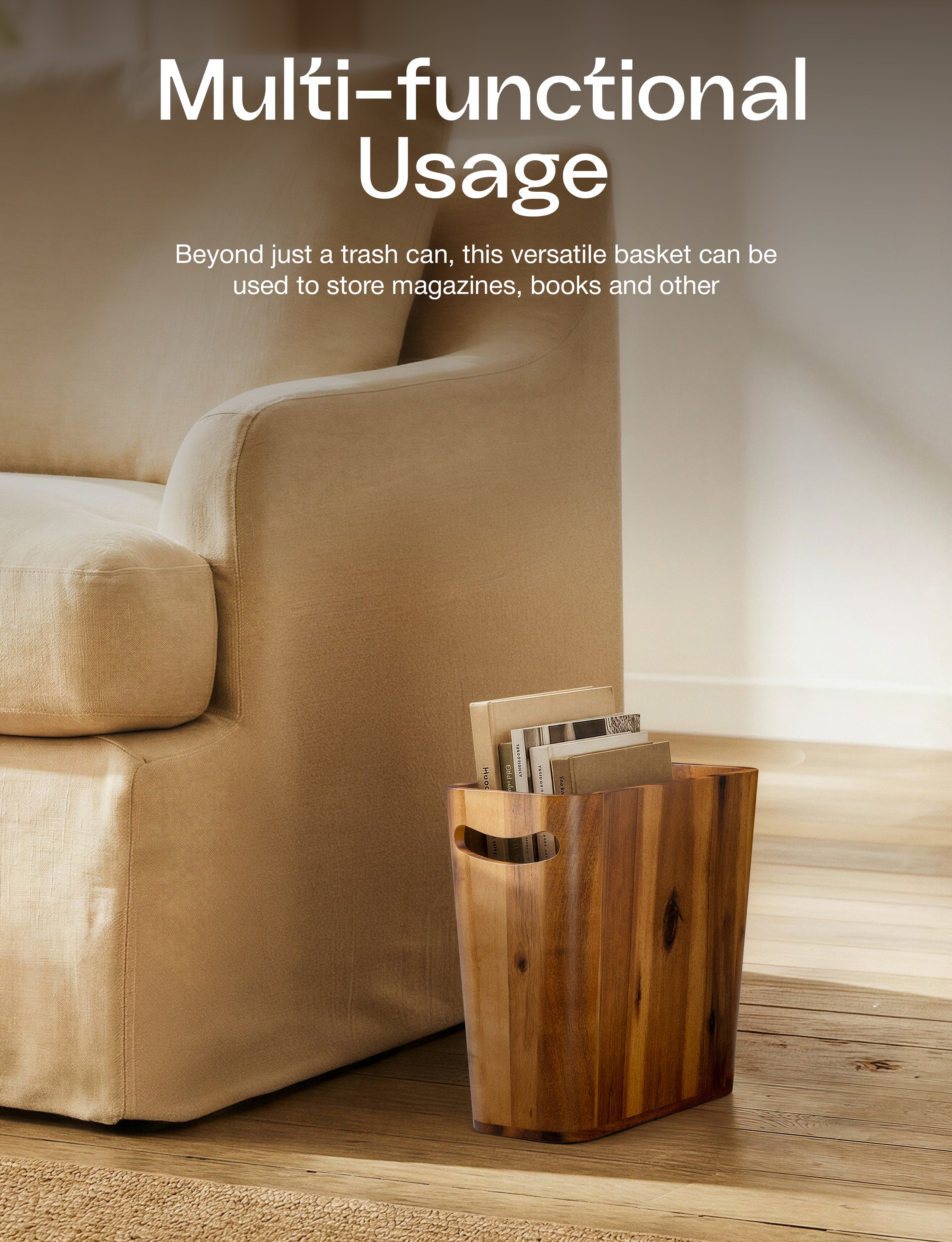 Acacia Wood Waste Basket with Handle, 3 Gallon for Bathroom, Bedroom-thumbmail-6