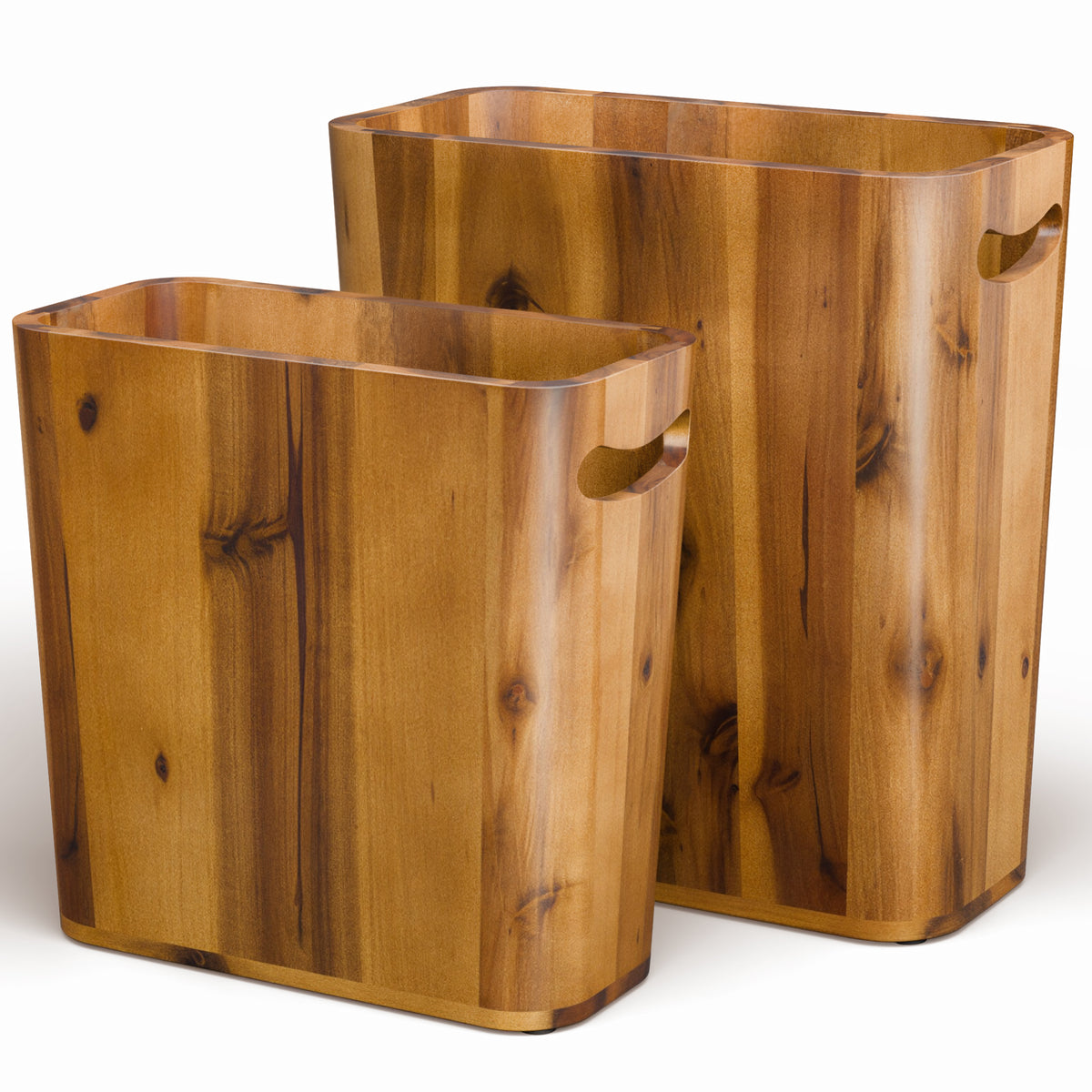 Set of 2 Acacia Wood Waste Basket for Bedroom, Bathroom with Handles-thumbmail-1