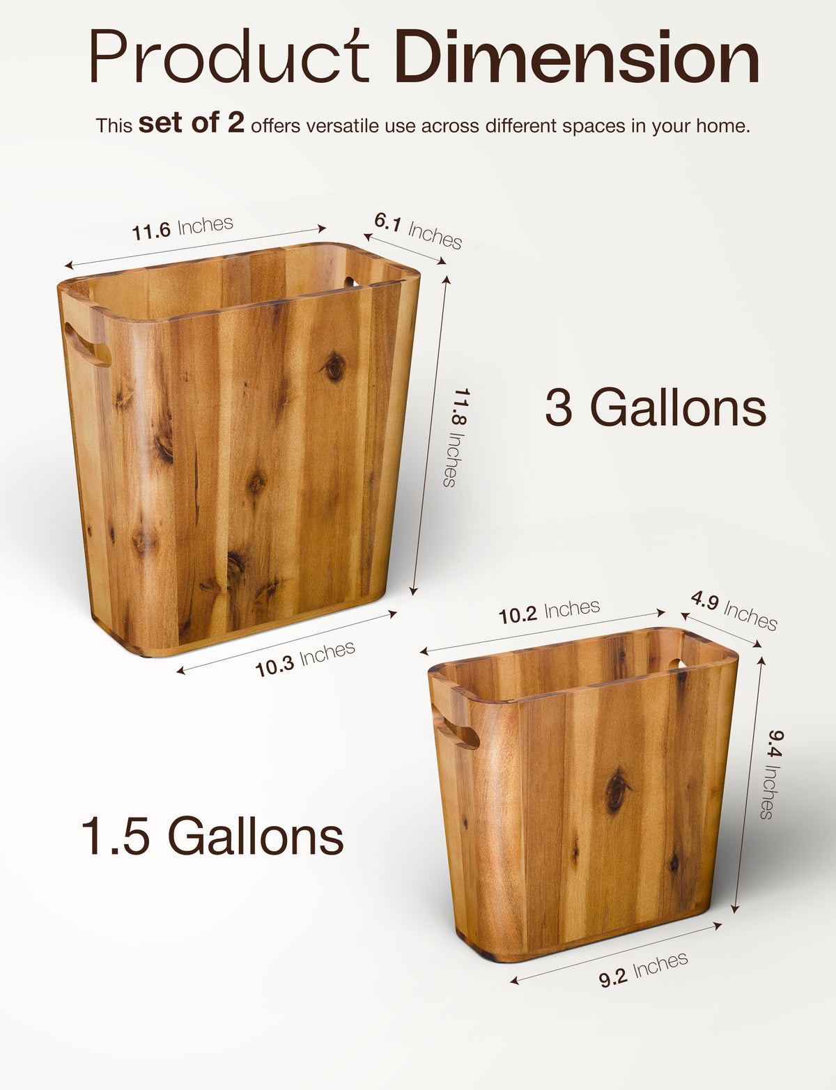 Set of 2 Acacia Wood Waste Basket for Bedroom, Bathroom with Handles-thumbmail-3