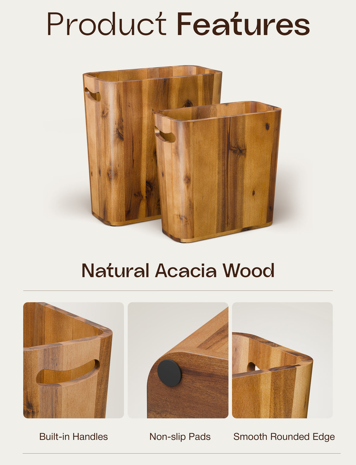Set of 2 Acacia Wood Waste Basket for Bedroom, Bathroom with Handles-thumbmail-4