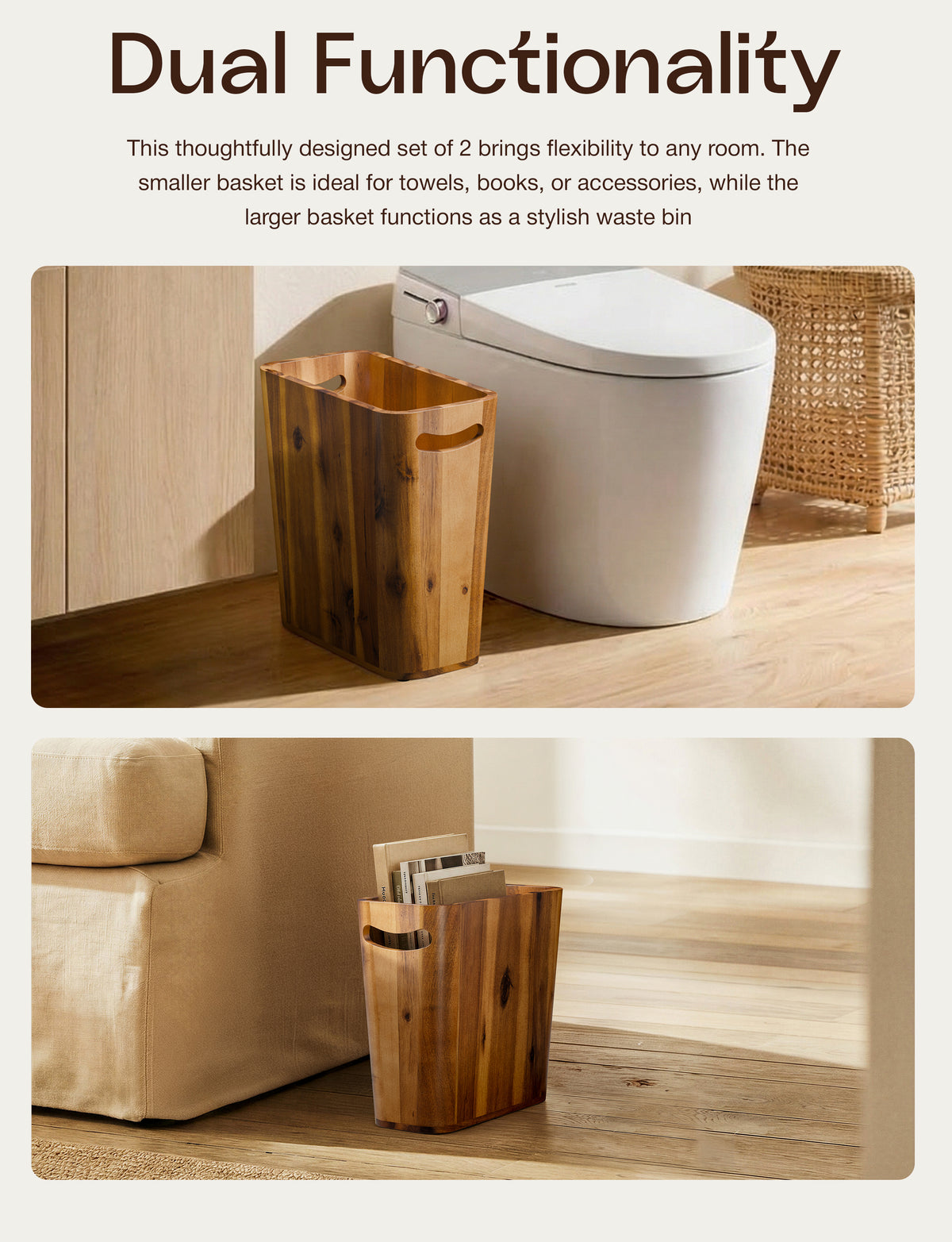 Set of 2 Acacia Wood Waste Basket for Bedroom, Bathroom with Handles-thumbmail-5