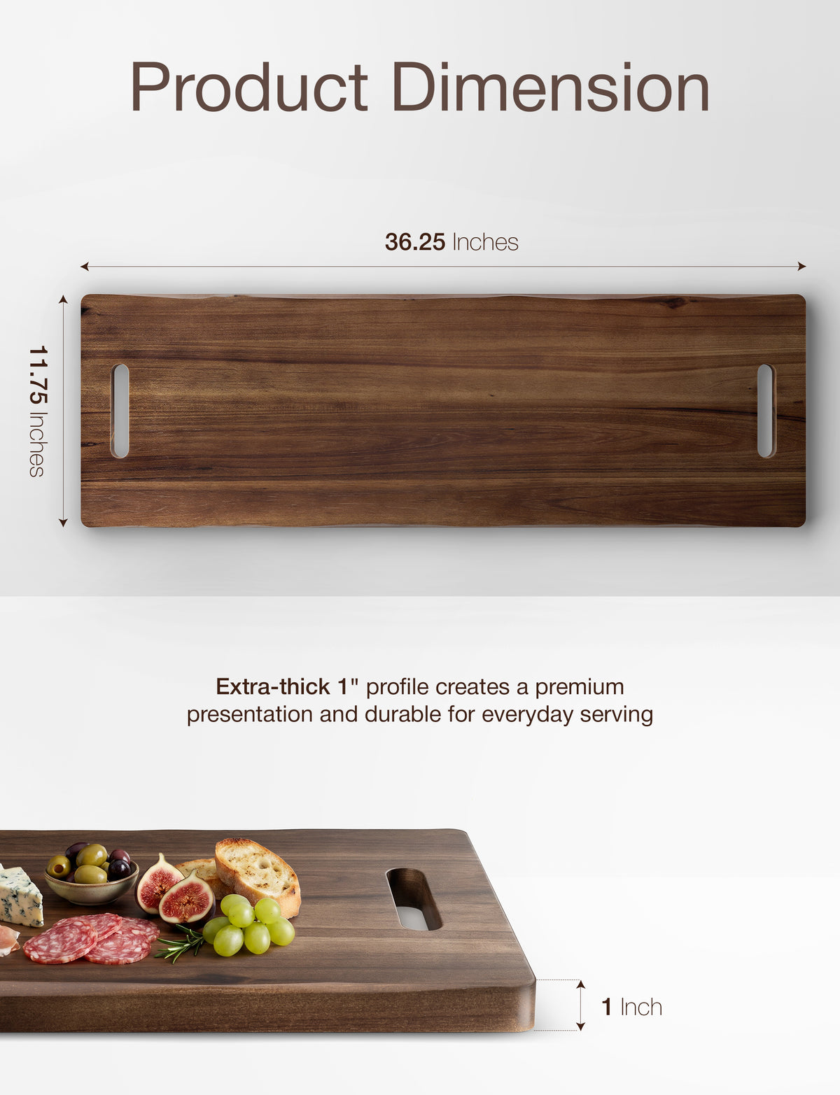 36" Large Acacia Wood Charcuterie Board with Handles (Walnut color)-thumbmail-2