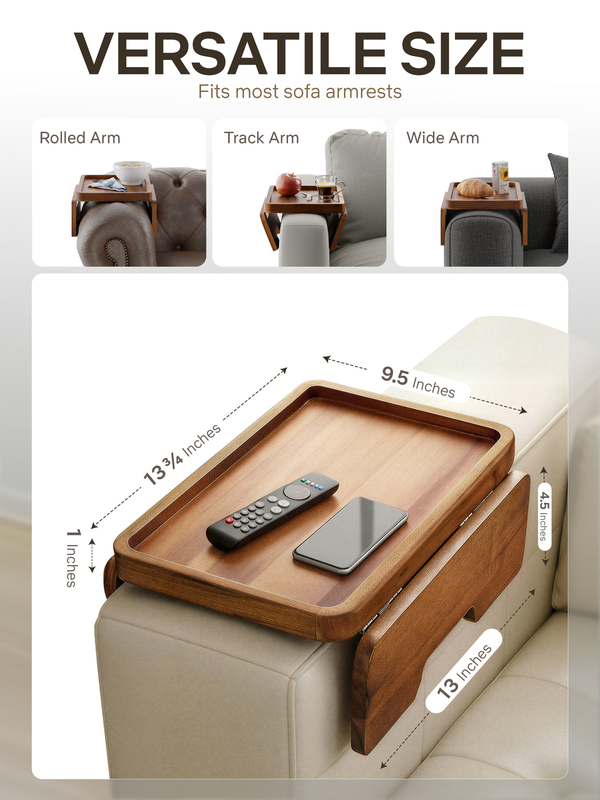 Wood Sofa Armrest Tray, Foldable Couch Arm Table, 13.75" x 9.5" x 1"-thumbmail-3