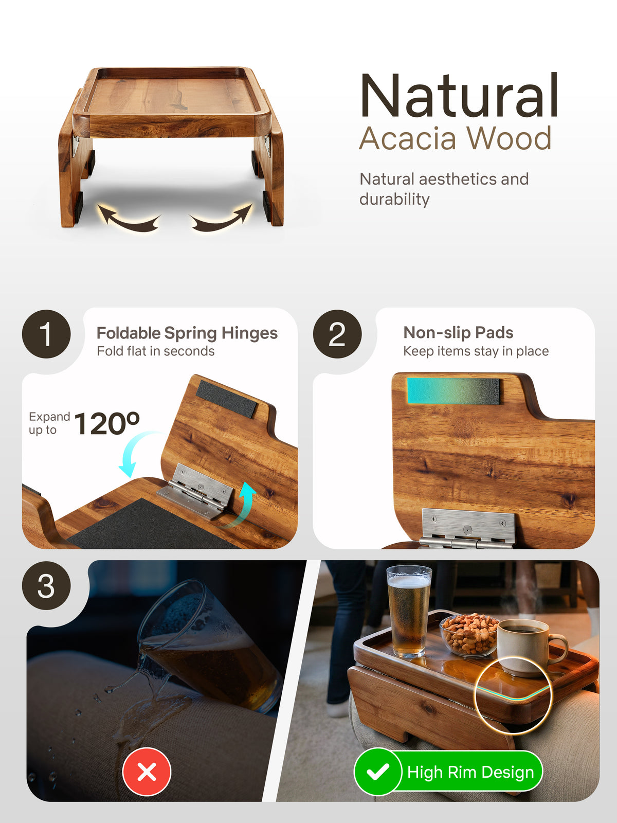 Wood Sofa Armrest Tray, Foldable Couch Arm Table, 13.75" x 9.5" x 1"-thumbmail-4
