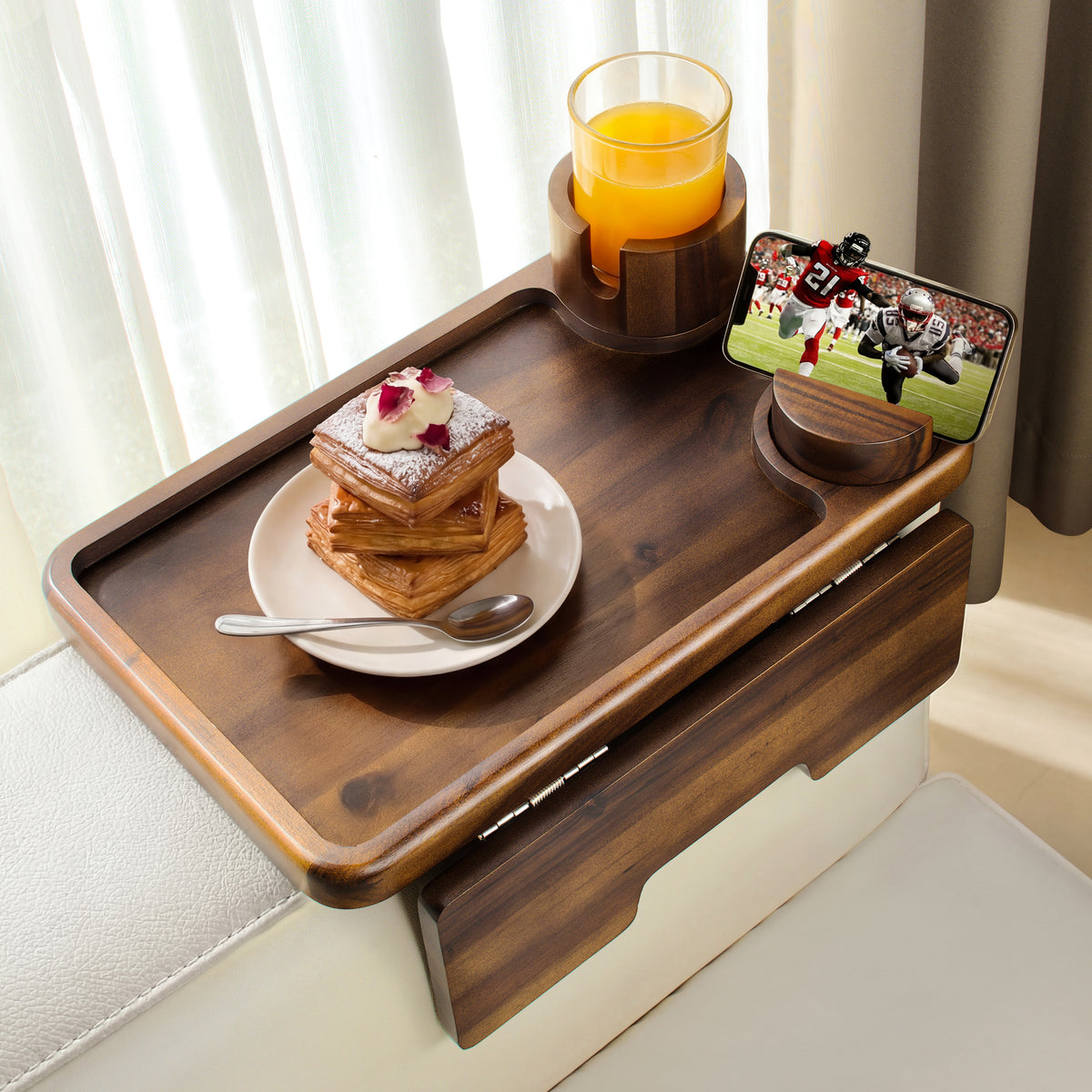Acacia Sofa Arm Tray with Phone & Cup Holder - Walnut color-thumbmail-1