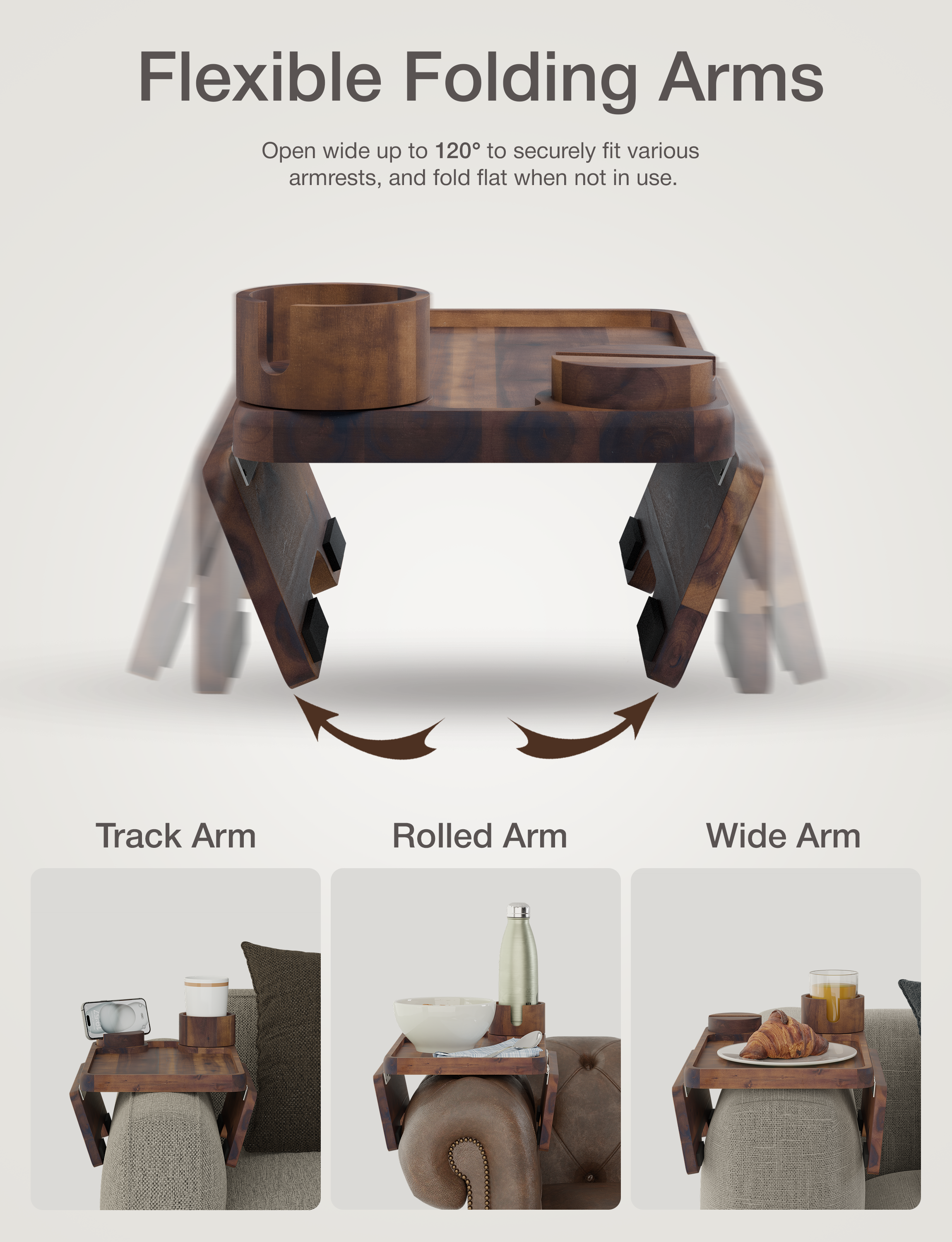 Acacia Sofa Arm Tray with Phone & Cup Holder - Walnut color-thumbmail-3