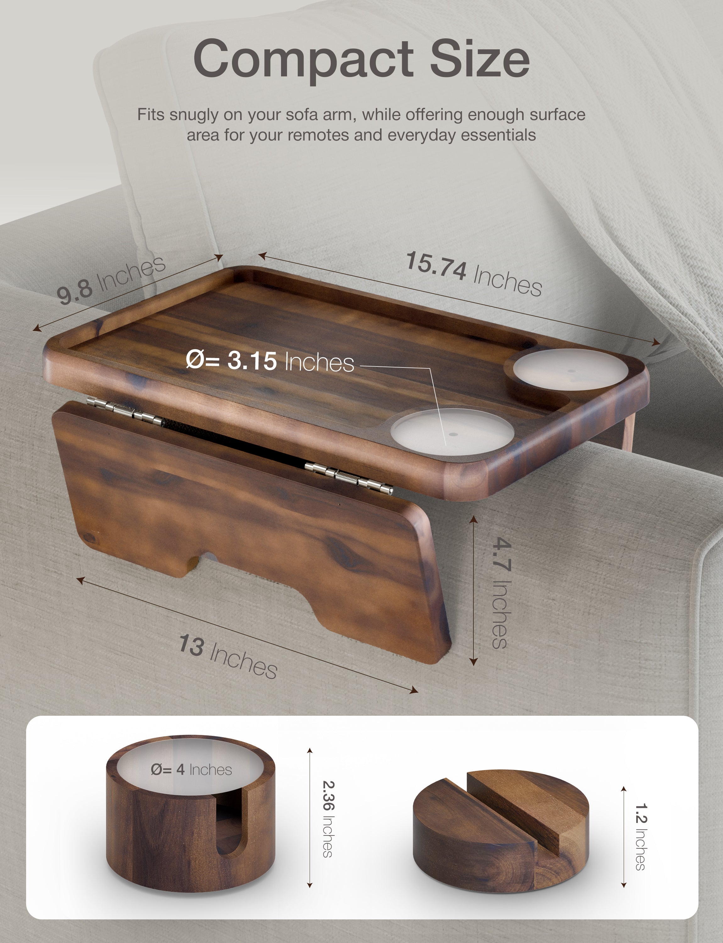 Acacia Sofa Arm Tray with Phone & Cup Holder - Walnut color-thumbmail-4