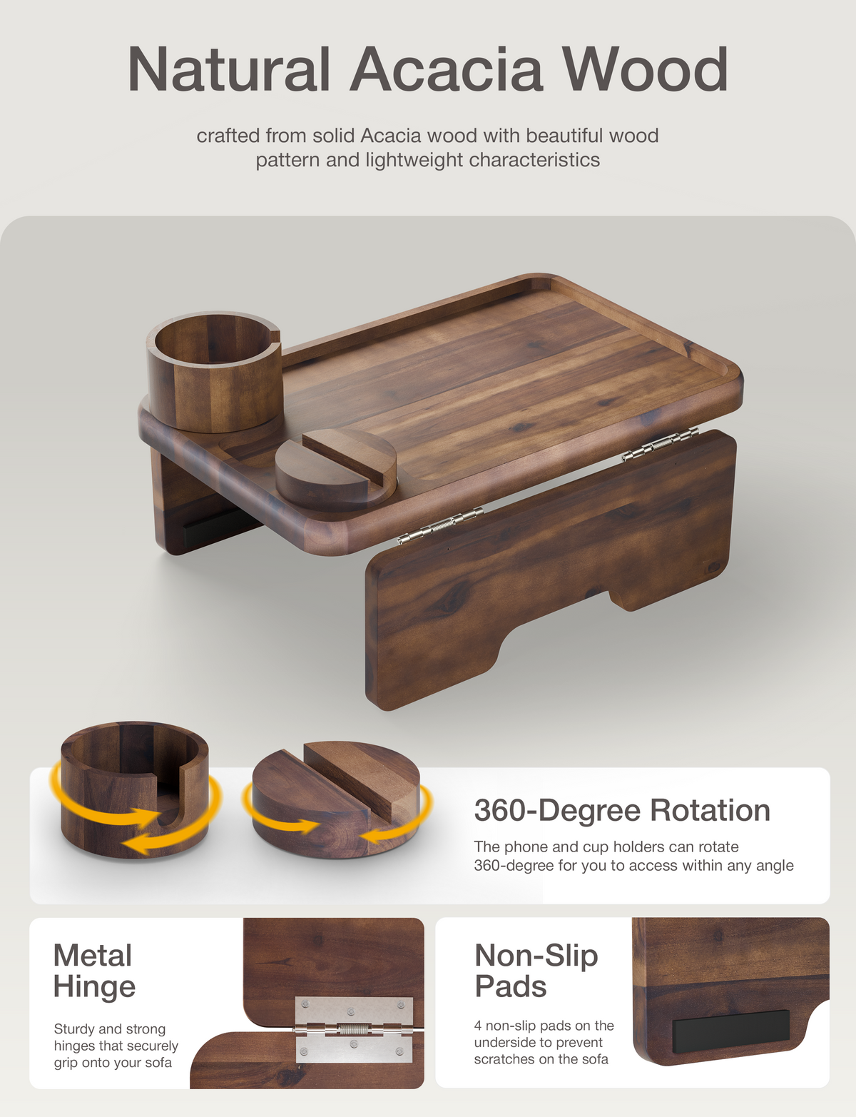 Acacia Sofa Arm Tray with Phone & Cup Holder - Walnut color-thumbmail-5
