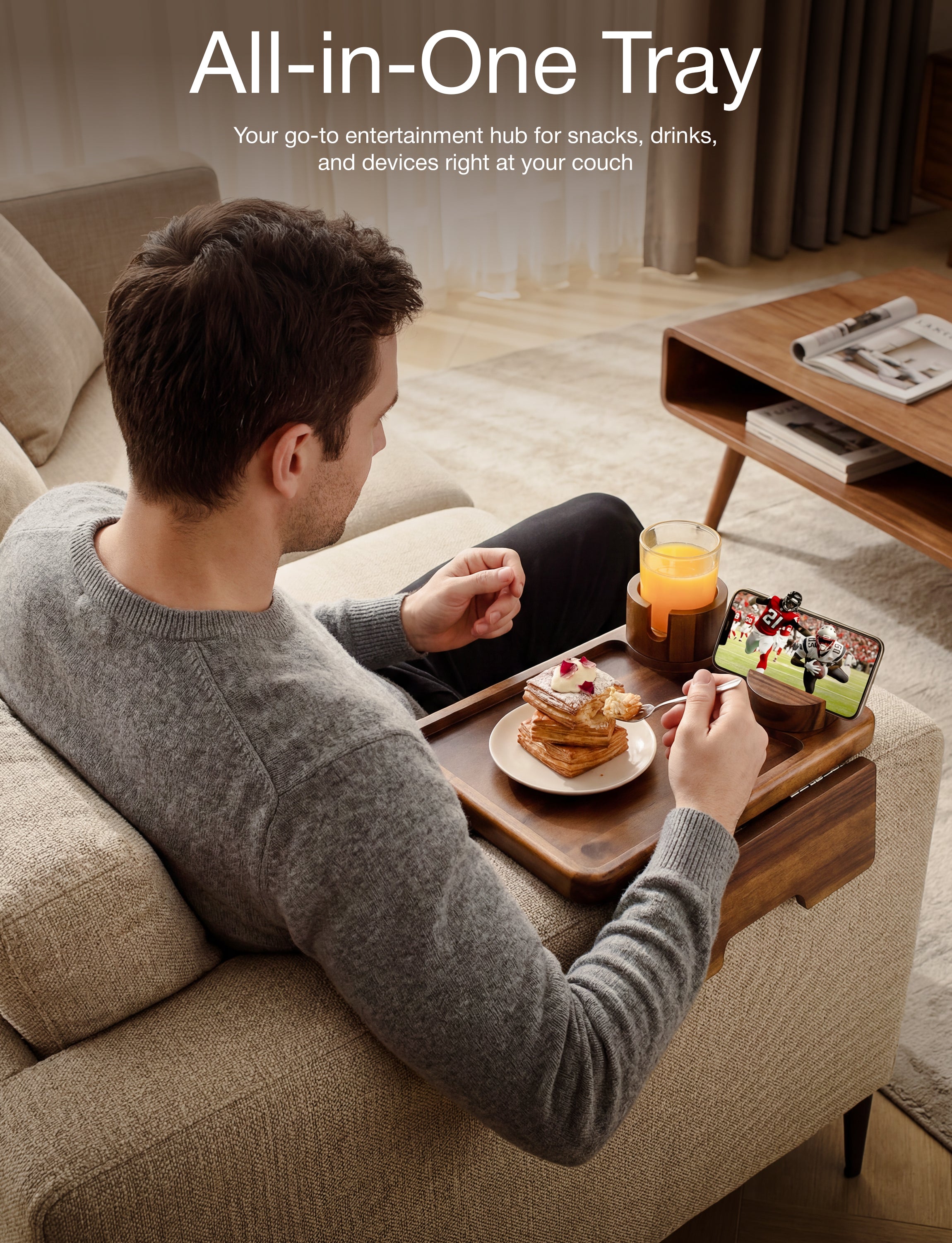 Acacia Sofa Arm Tray with Phone & Cup Holder - Walnut color-thumbmail-2