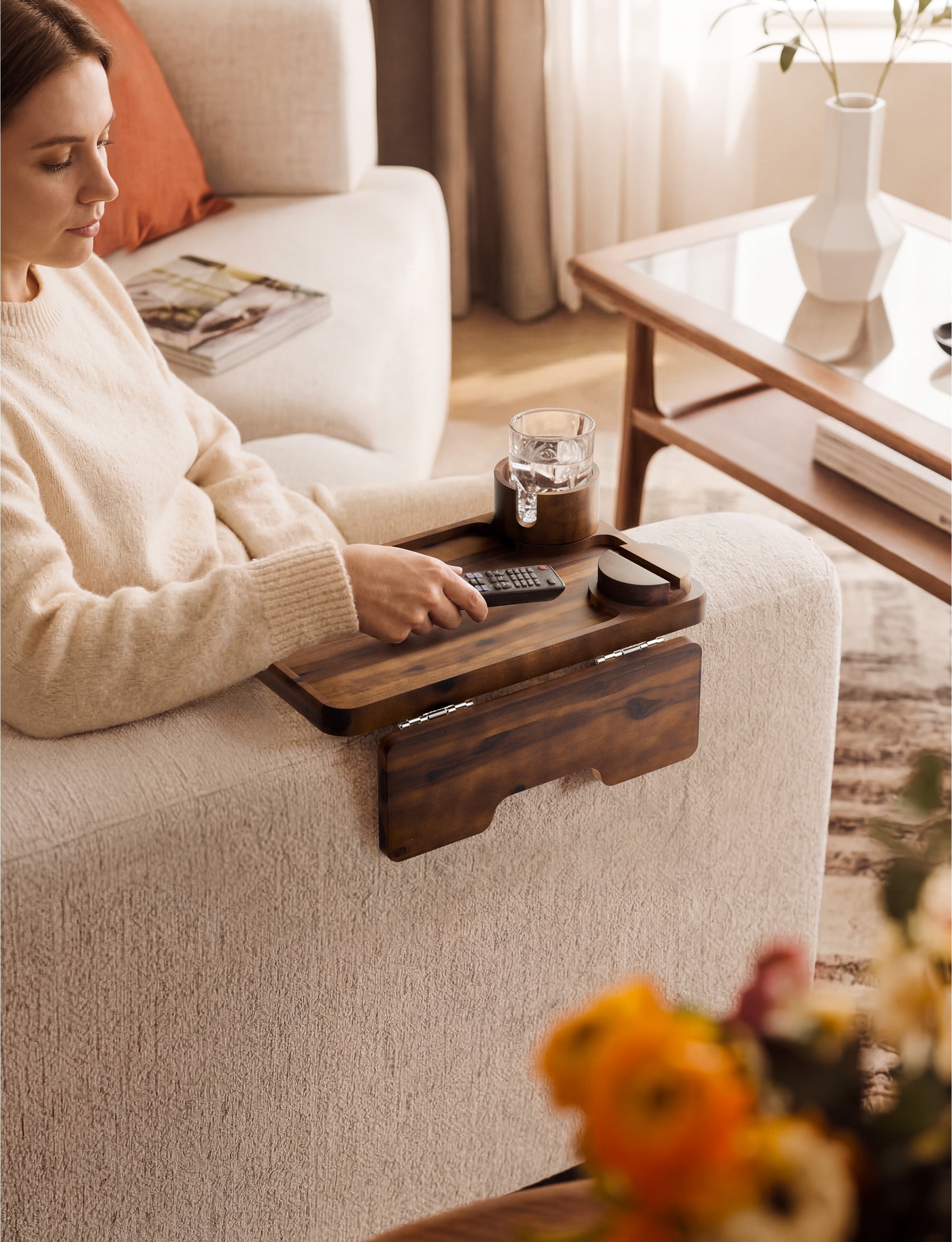 Acacia Sofa Arm Tray with Phone & Cup Holder - Walnut color-thumbmail-7