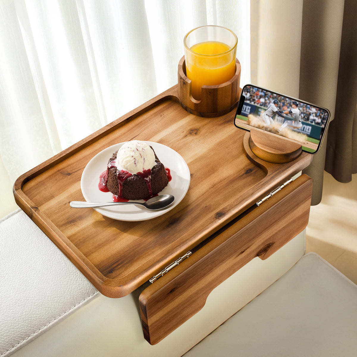 Acacia Sofa Arm Tray with Phone & Cup Holder - Acacia color