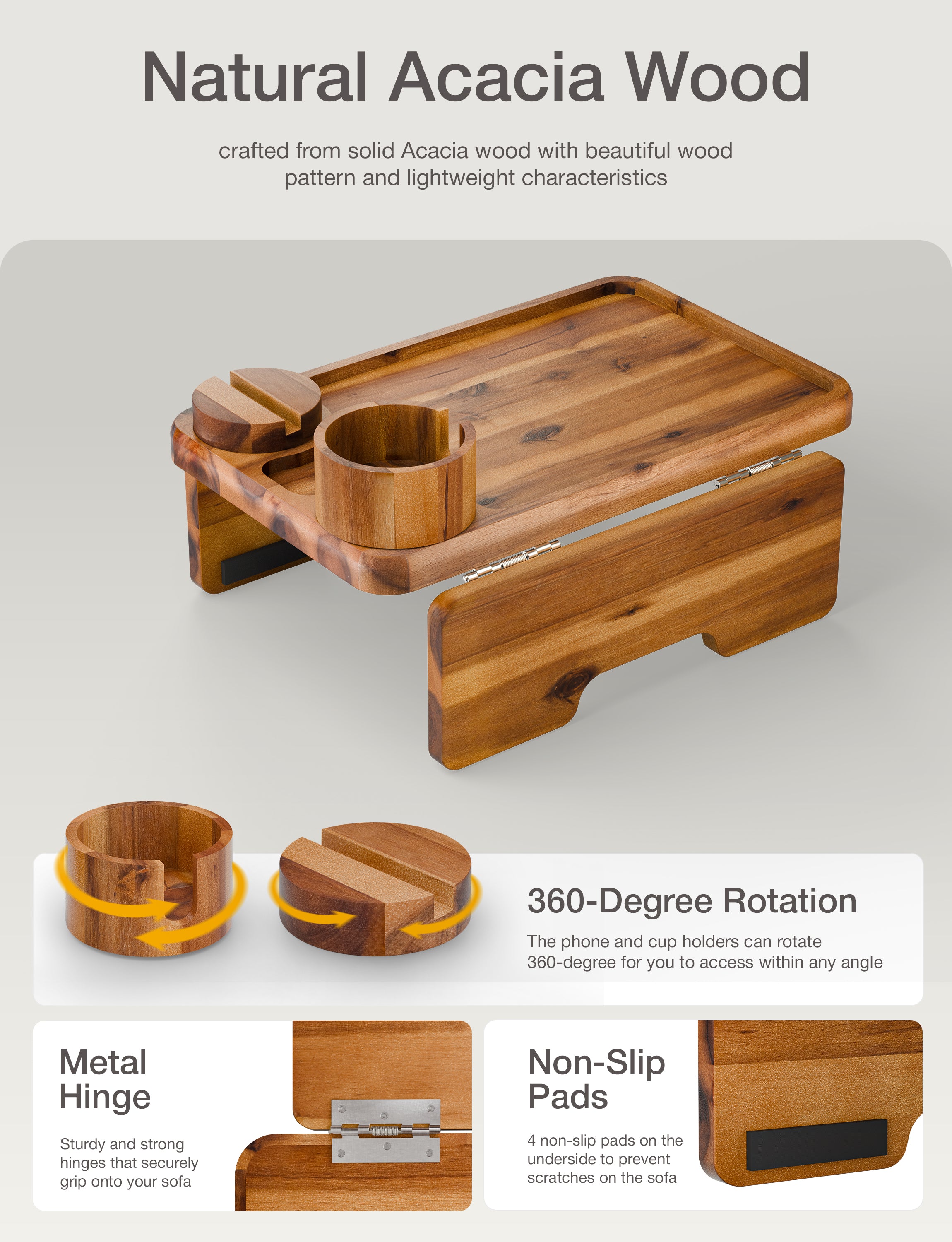 Acacia Sofa Arm Tray with Phone & Cup Holder - Acacia color-thumbmail-5