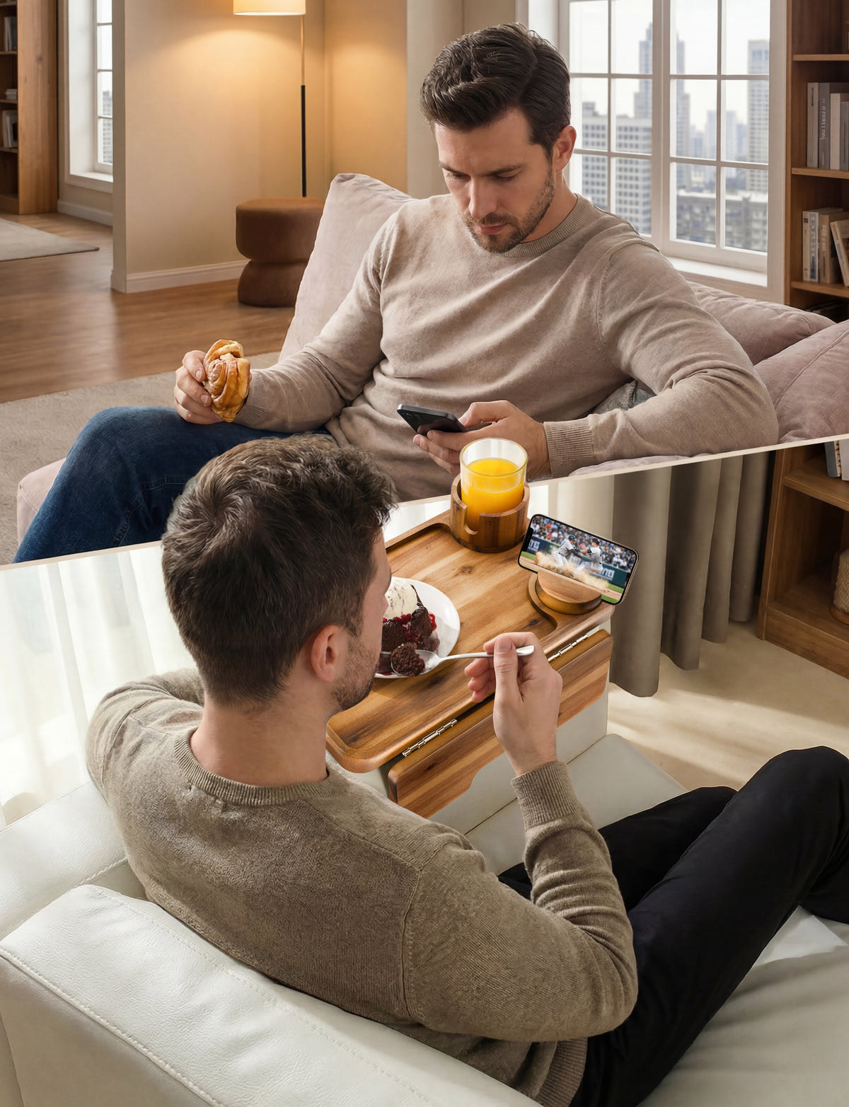 Acacia Sofa Arm Tray with Phone & Cup Holder - Acacia color-thumbmail-6