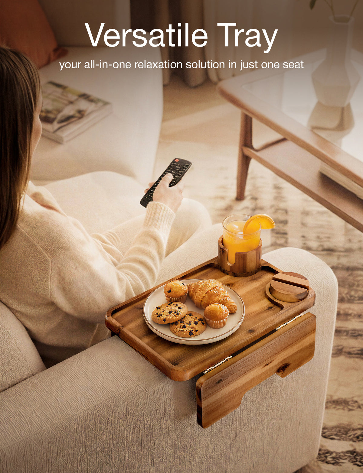 Acacia Sofa Arm Tray with Phone & Cup Holder - Acacia color