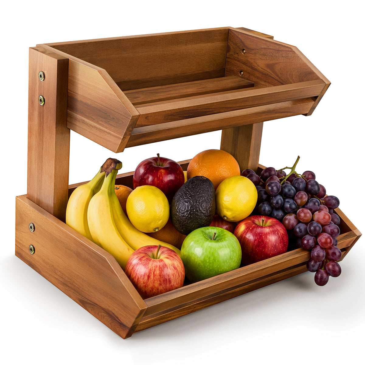 Acacia Wood 2 Tier Fruit Basket, Durable, for Fruit and Vegetables
