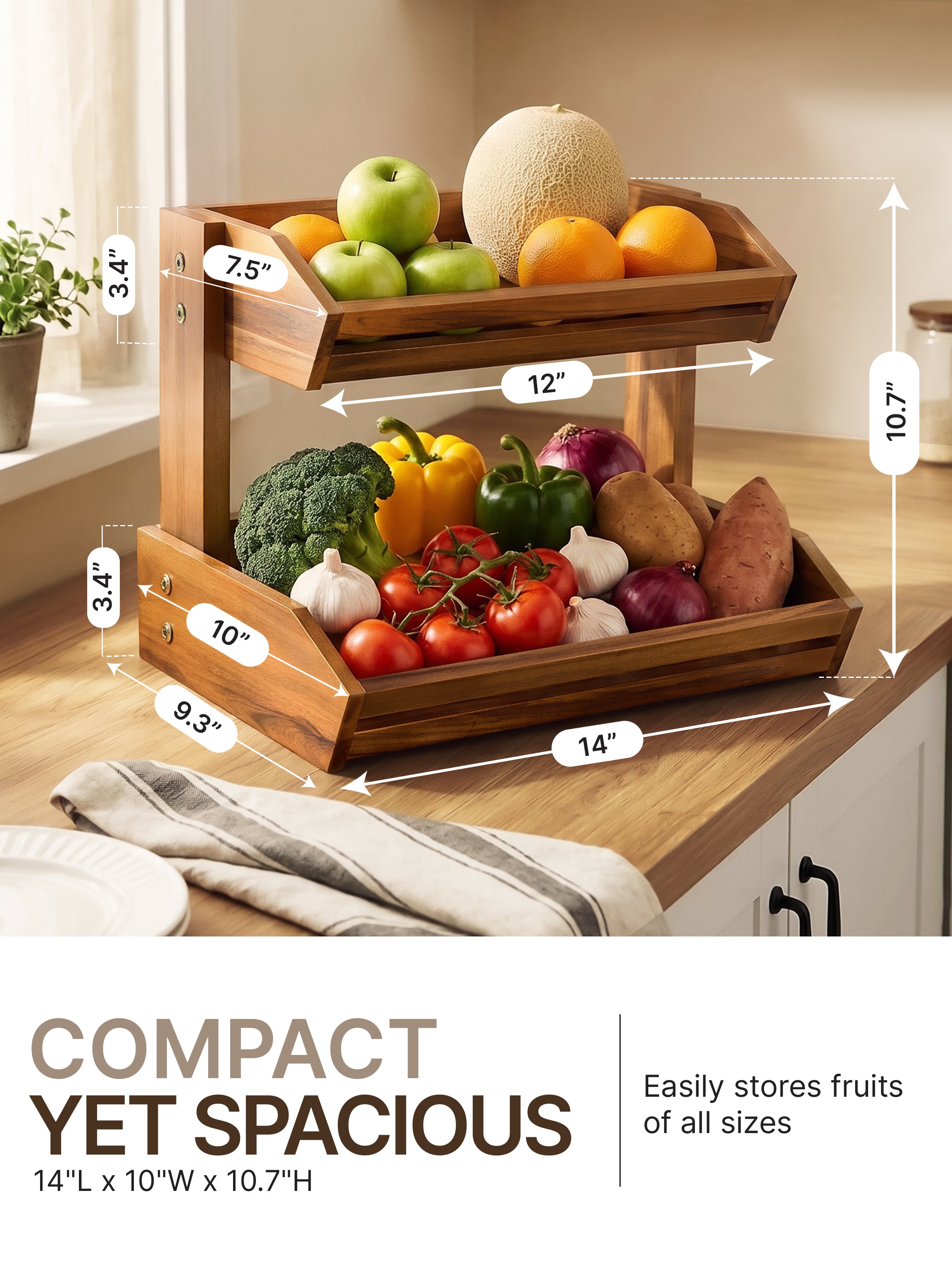 Acacia Wood 2 Tier Fruit Basket, Durable, for Fruit and Vegetables-thumbmail-4