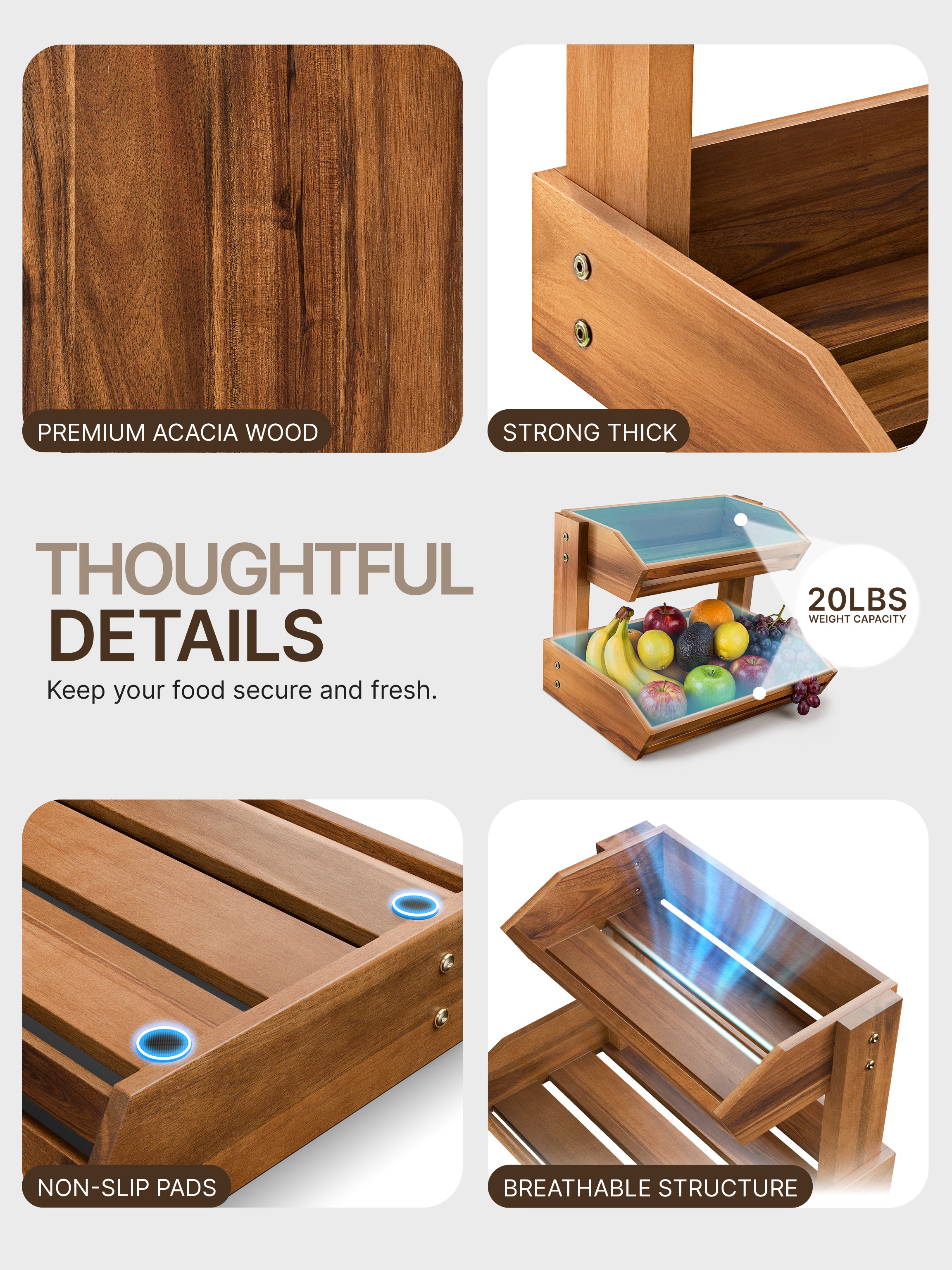 Acacia Wood 2 Tier Fruit Basket, Durable, for Fruit and Vegetables-thumbmail-5