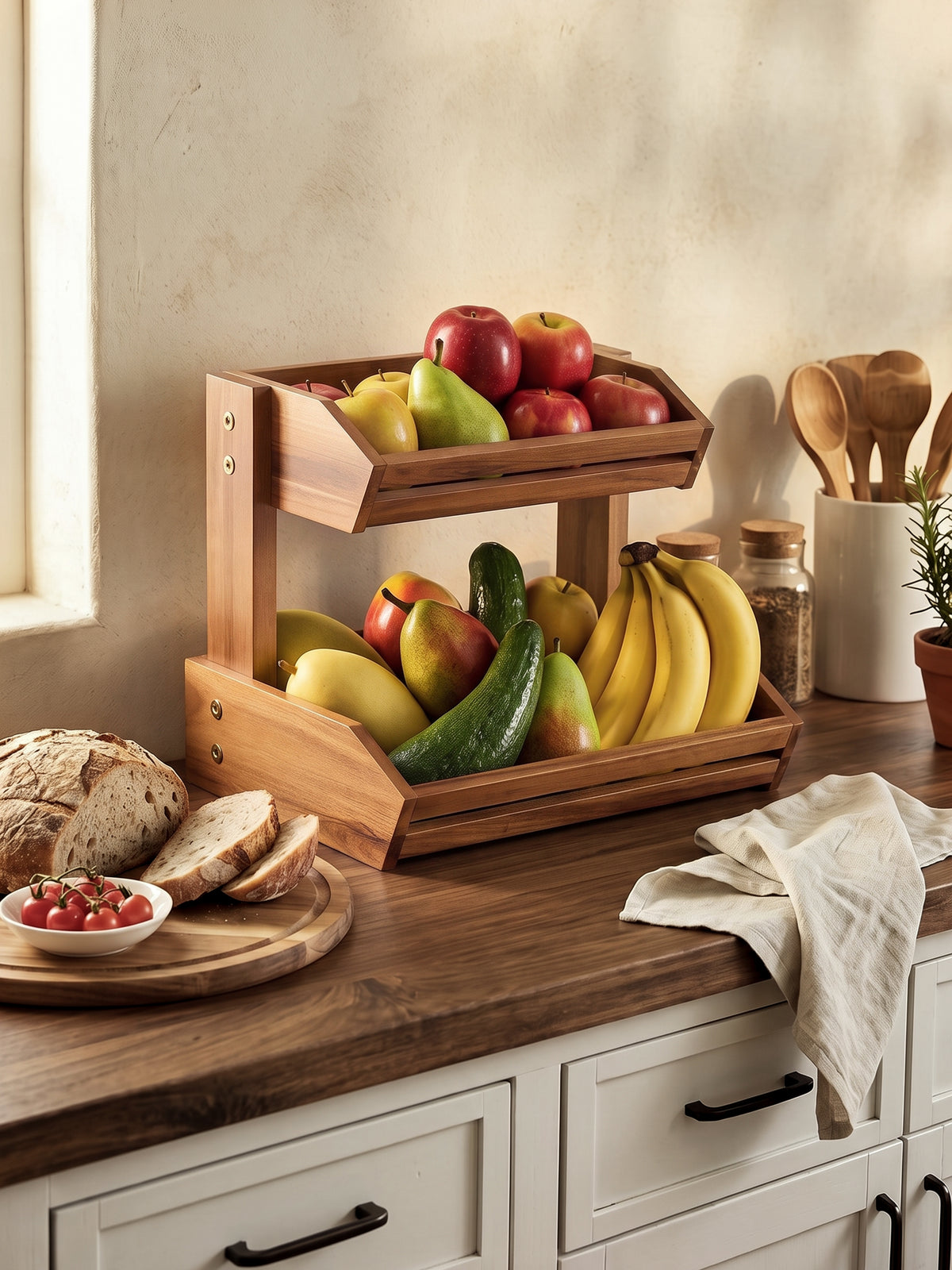 Acacia Wood 2 Tier Fruit Basket, Durable, for Fruit and Vegetables-thumbmail-2