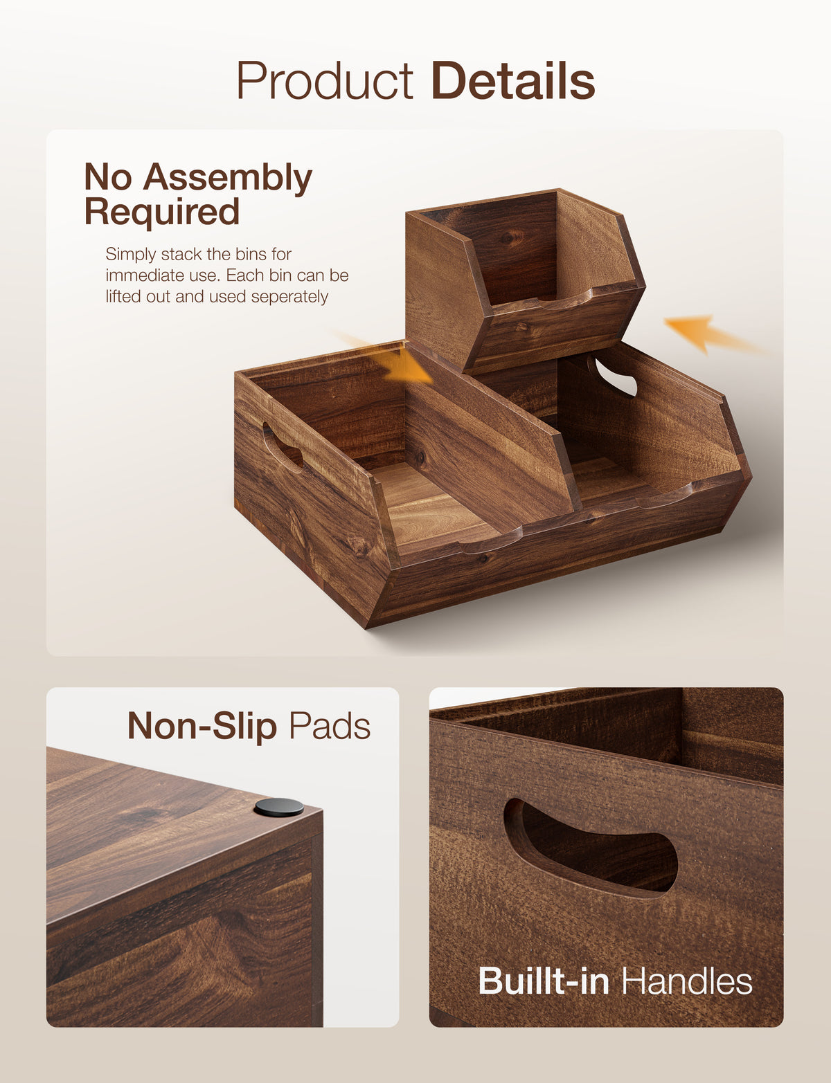 Set of 3 Pantry Storage Bins with handle - Walnut color-thumbmail-4