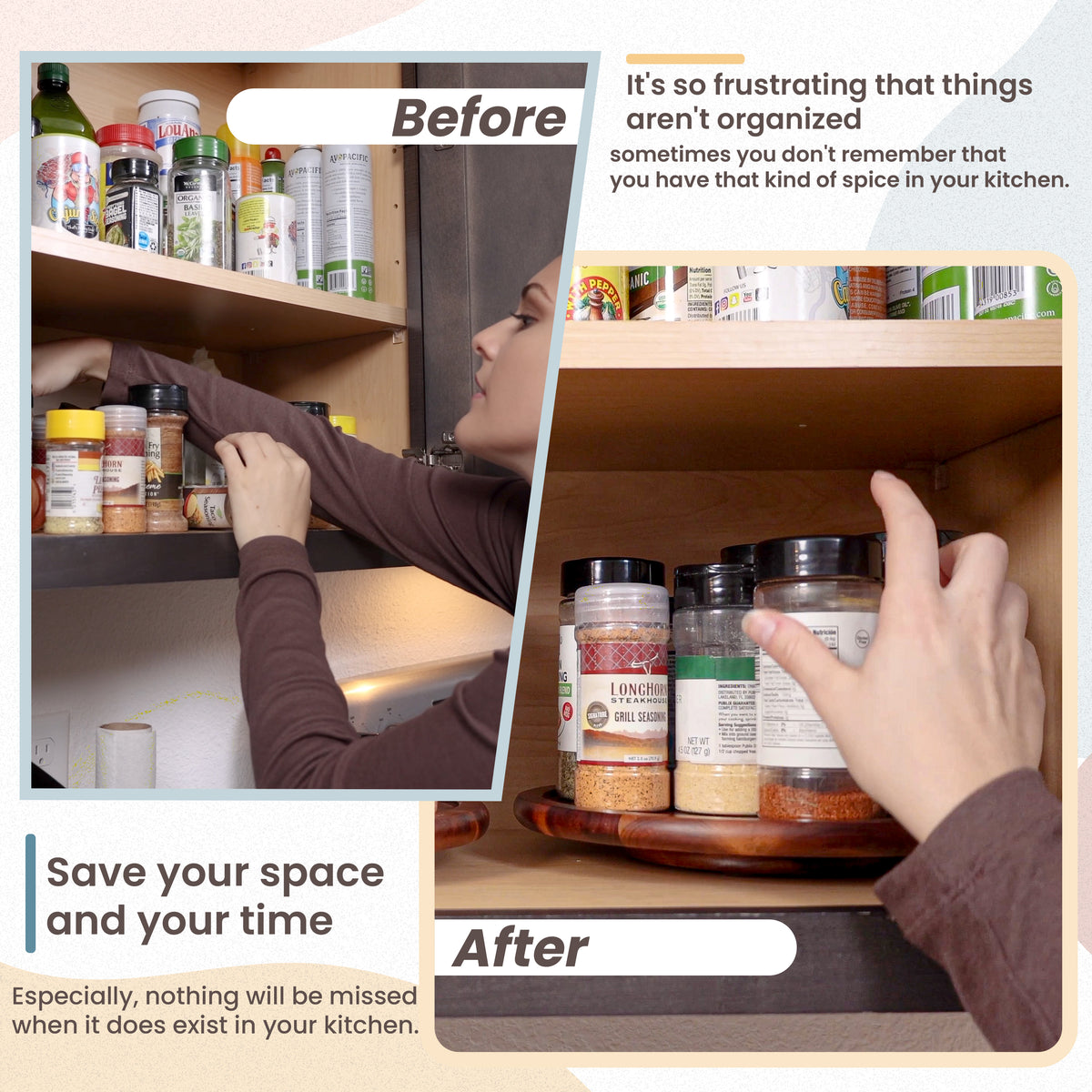 13" Wooden Lazy Susan Organizer for Cabinet, 360° Rotation, High Rim-thumbmail-5