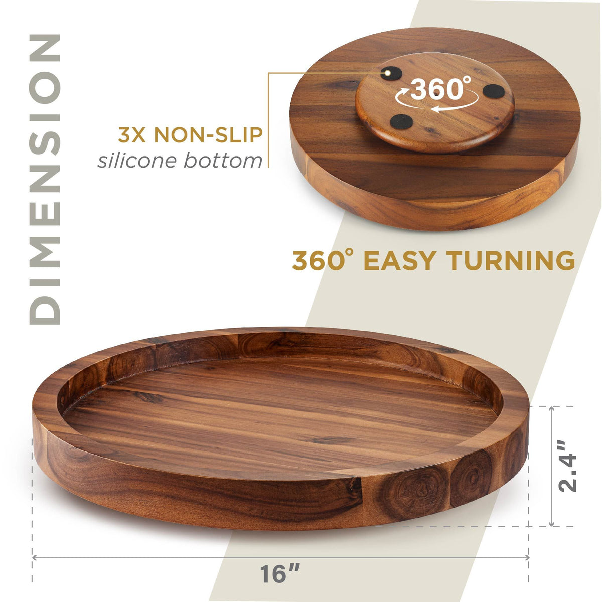 16" Wooden Lazy Susan Organizer for Cabinet, 360° Rotation, High Rim-thumbmail-6