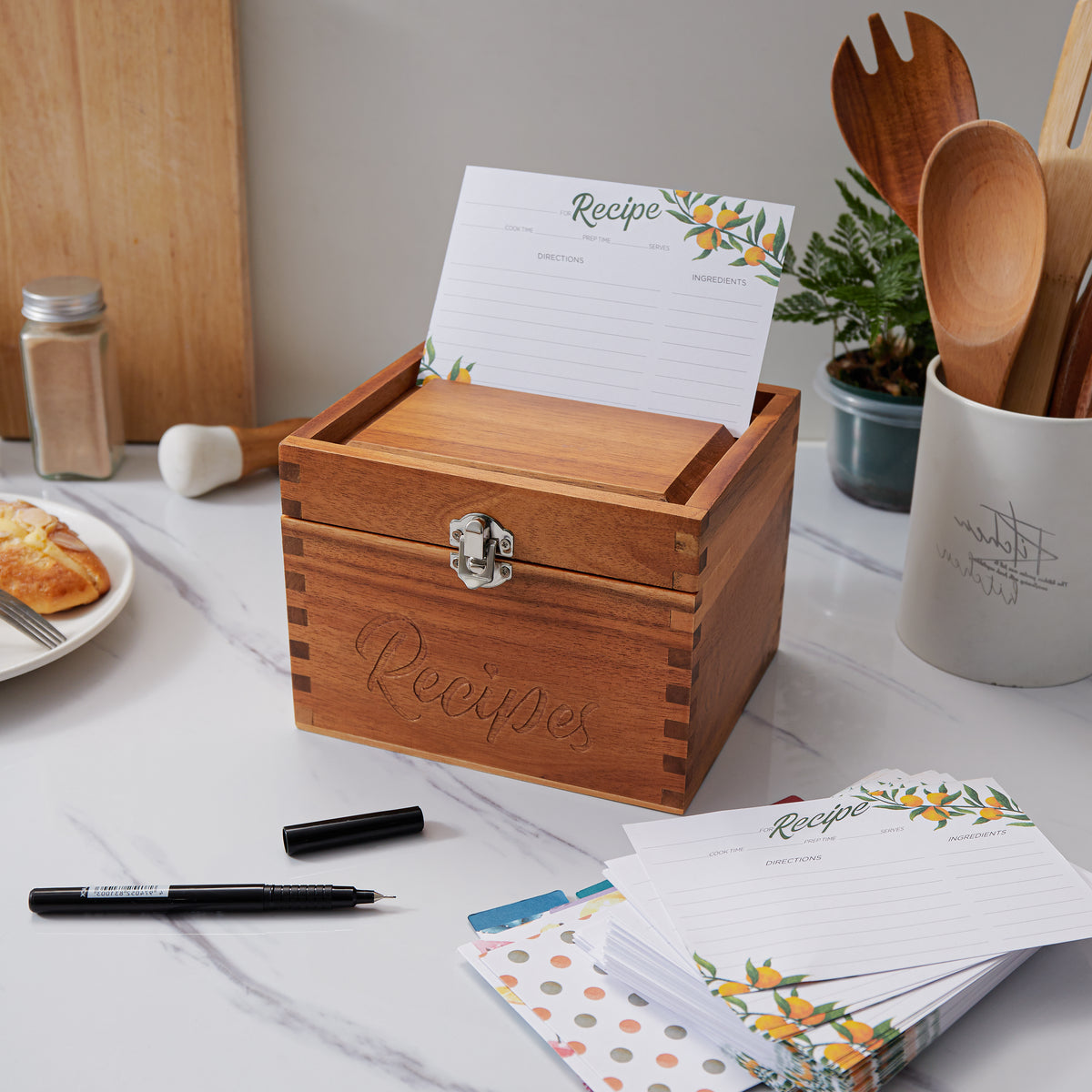 Small Wooden Recipe Box with Recipe Cards & Dividers, Card Slot-thumbmail-2