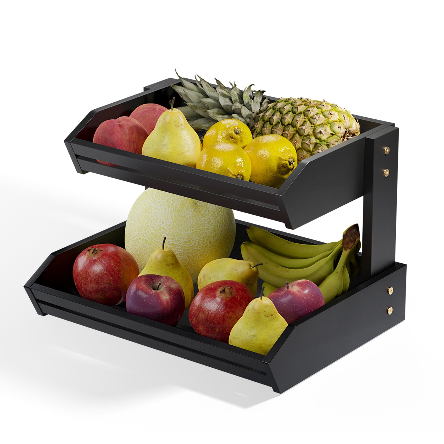 Acacia 2 Tier Fruit Basket, Easy Assembly, Versatile Use (Black)