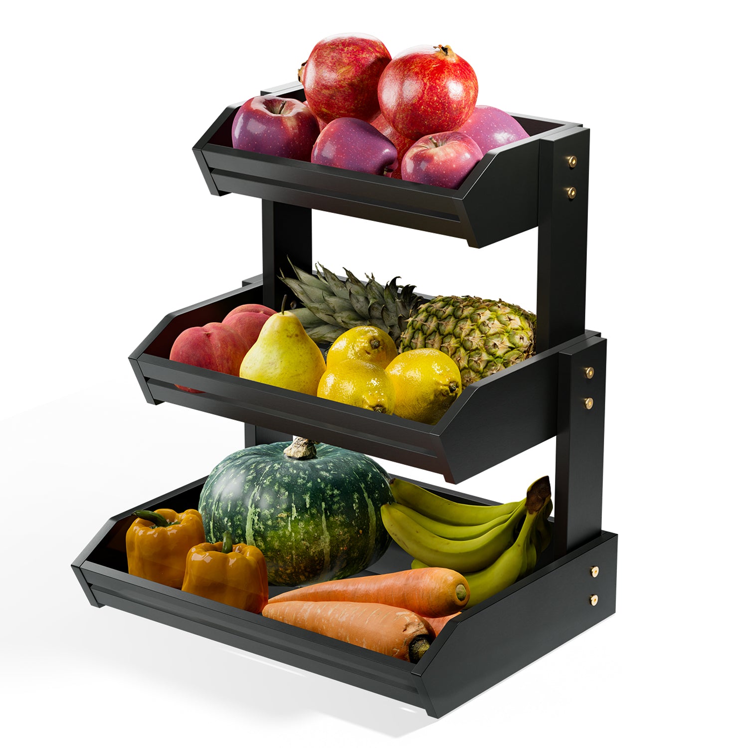 Acacia 3 Tier Fruit Basket, Easy Assembly, Versatile Use (Black)