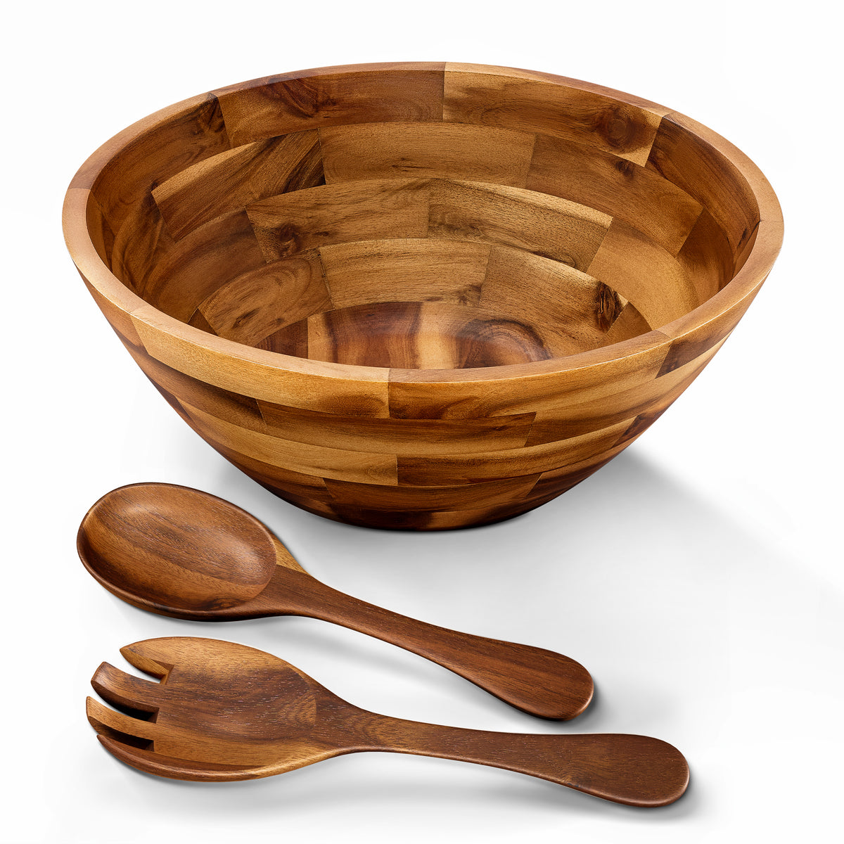 12" Salad Bowl Set with Serving Utensils, Solid Wood, Generous Size